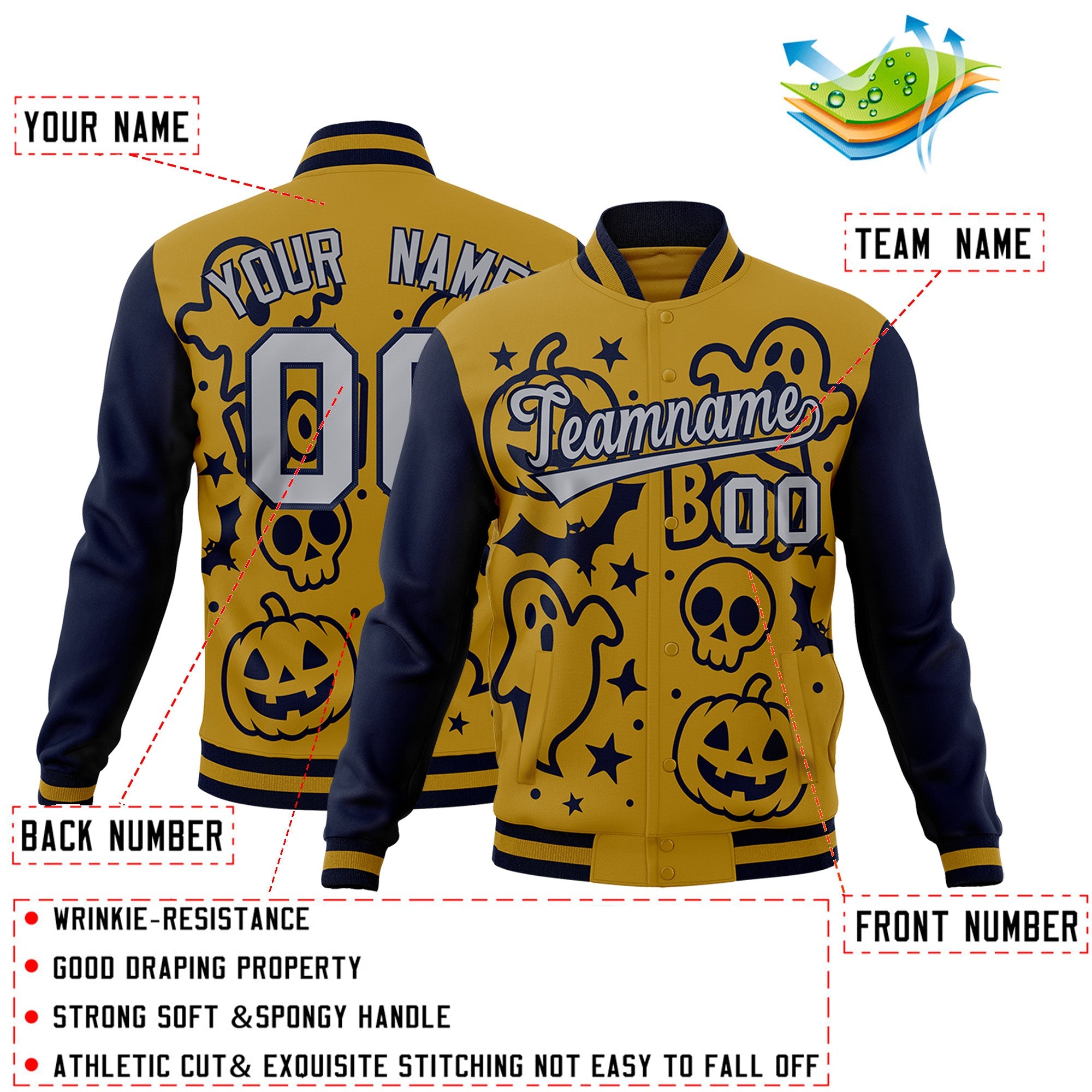Custom Navy Old Gold Gray Bats Pumpkins Ghost Patterns Halloween Letterman Jacket| KXKSHOP