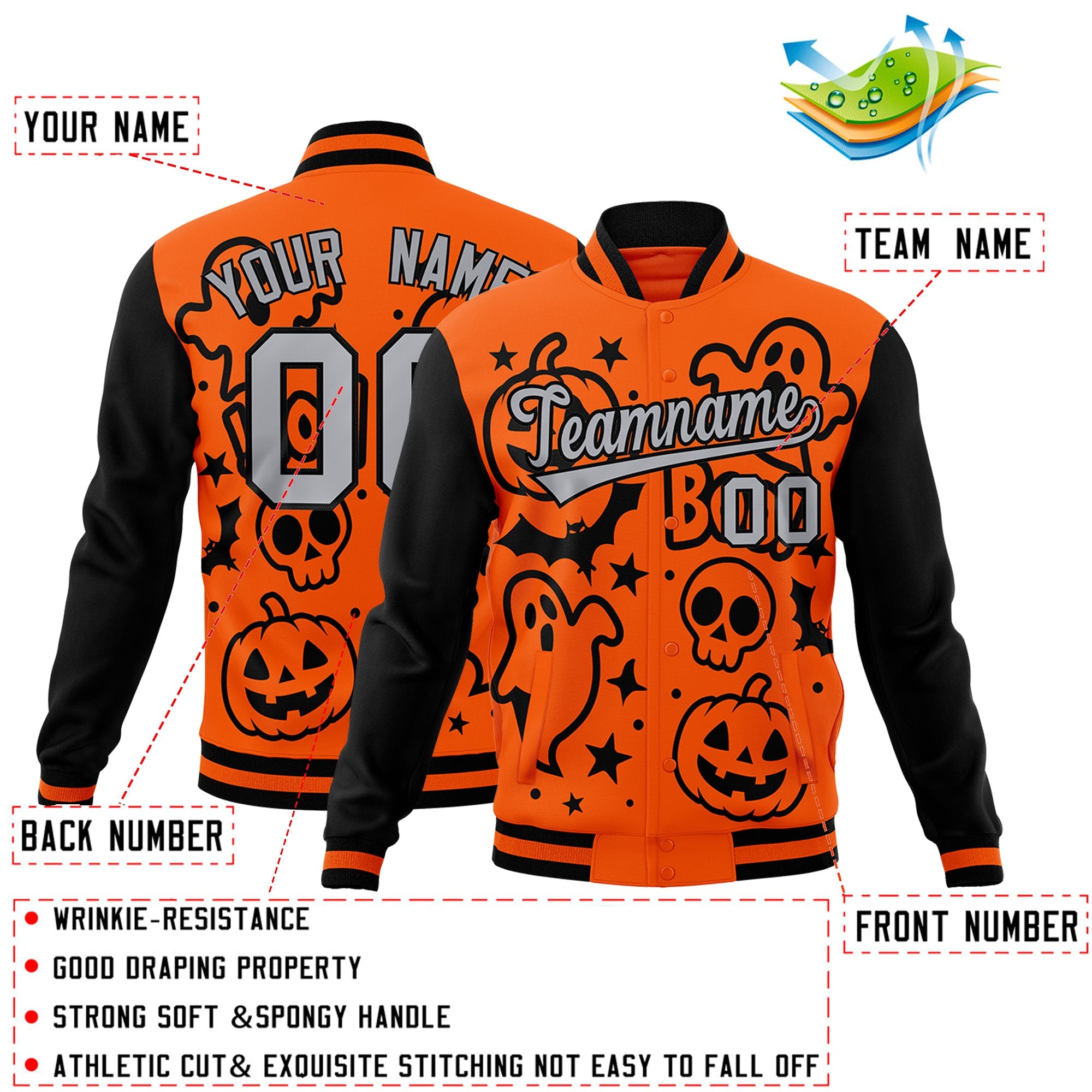 Custom Black Orange Gray Bats Pumpkins Ghost Patterns Halloween Letterman Jacket| KXKSHOP