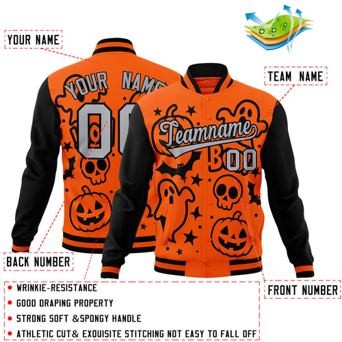 Custom Black Orange Gray Bats Pumpkins Ghost Patterns Halloween Letterman Jacket| KXKSHOP