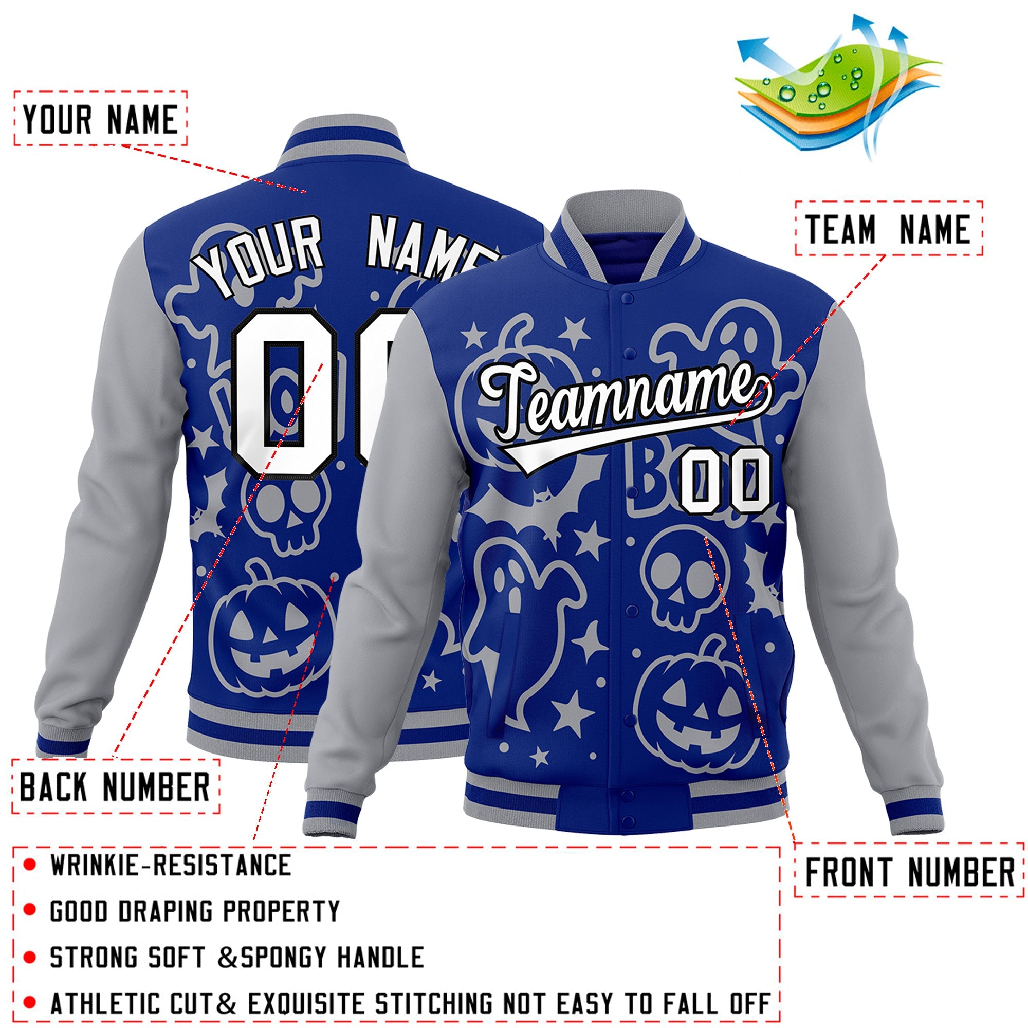 Custom Gray Royal Blue White Bats Pumpkins Ghost Patterns Halloween Letterman Jacket| KXKSHOP