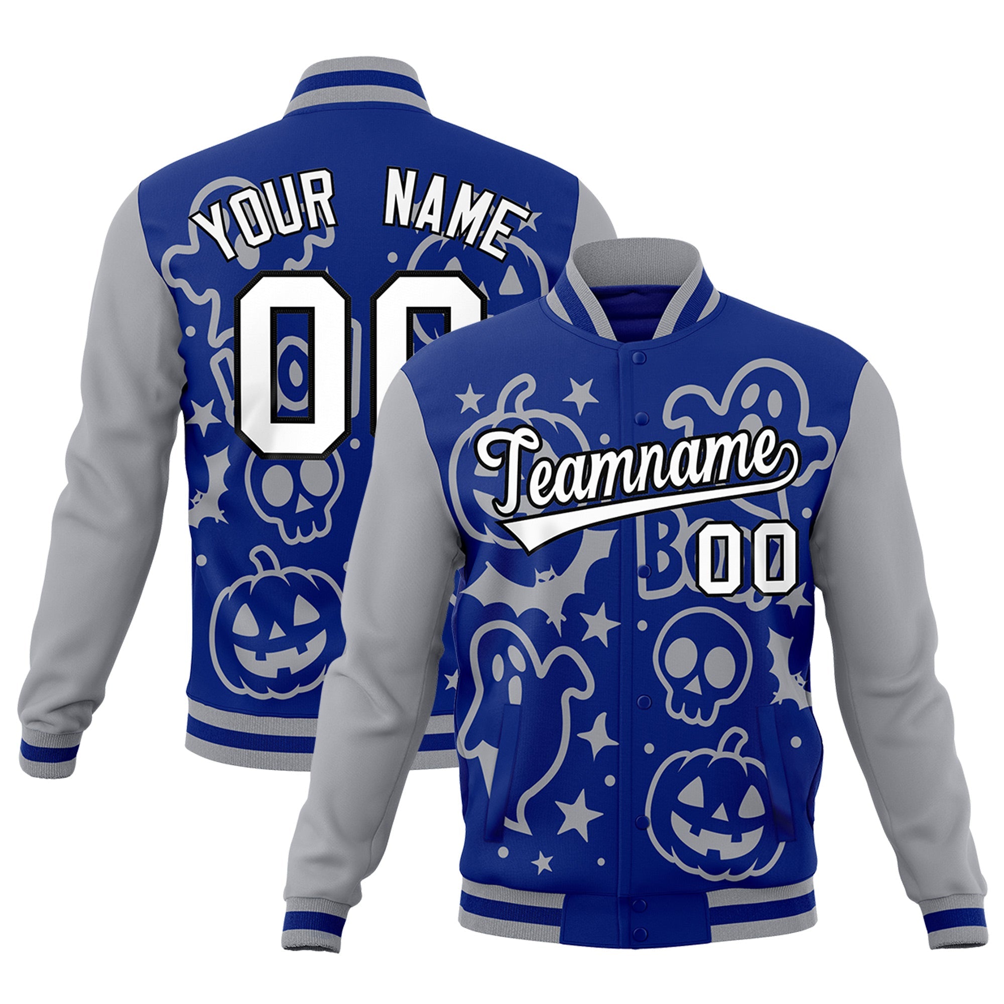 Custom Gray Royal Blue White Bats Pumpkins Ghost Patterns Halloween Letterman Jacket| KXKSHOP
