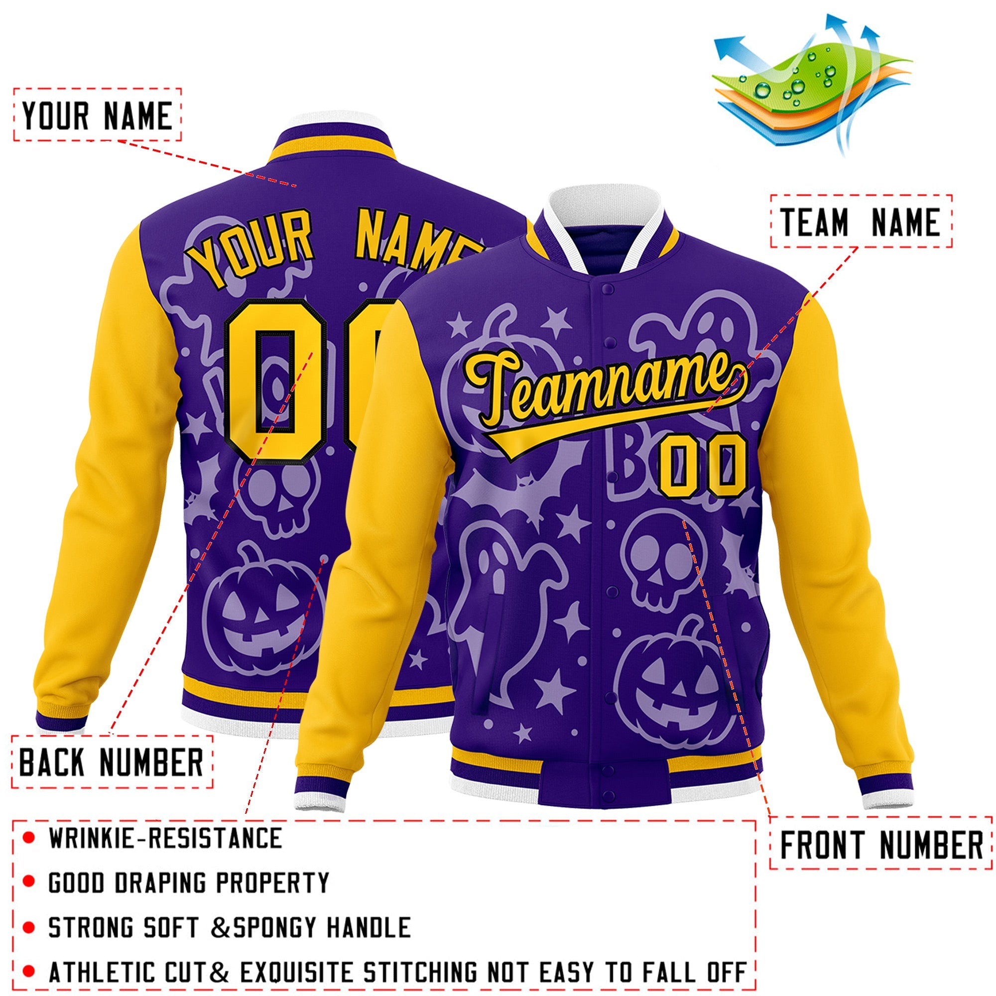 Custom Yellow Purple Gold Bats Pumpkins Ghost Patterns Halloween Letterman Jacket| KXKSHOP