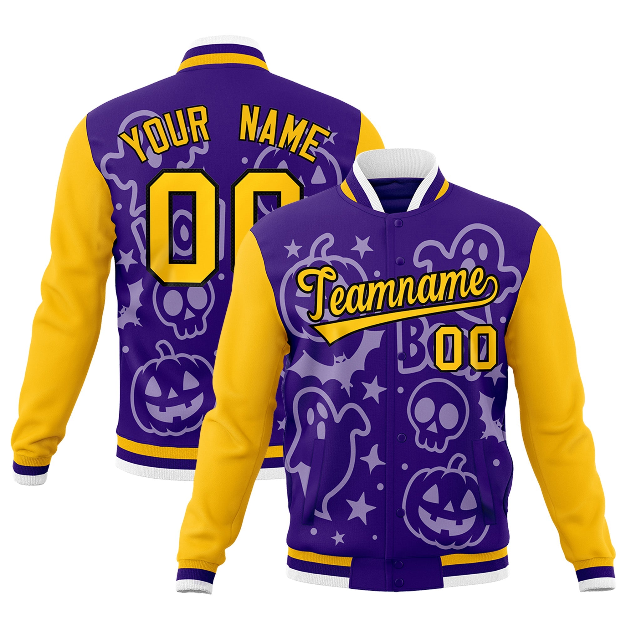 Custom Yellow Purple Gold Bats Pumpkins Ghost Patterns Halloween Letterman Jacket| KXKSHOP