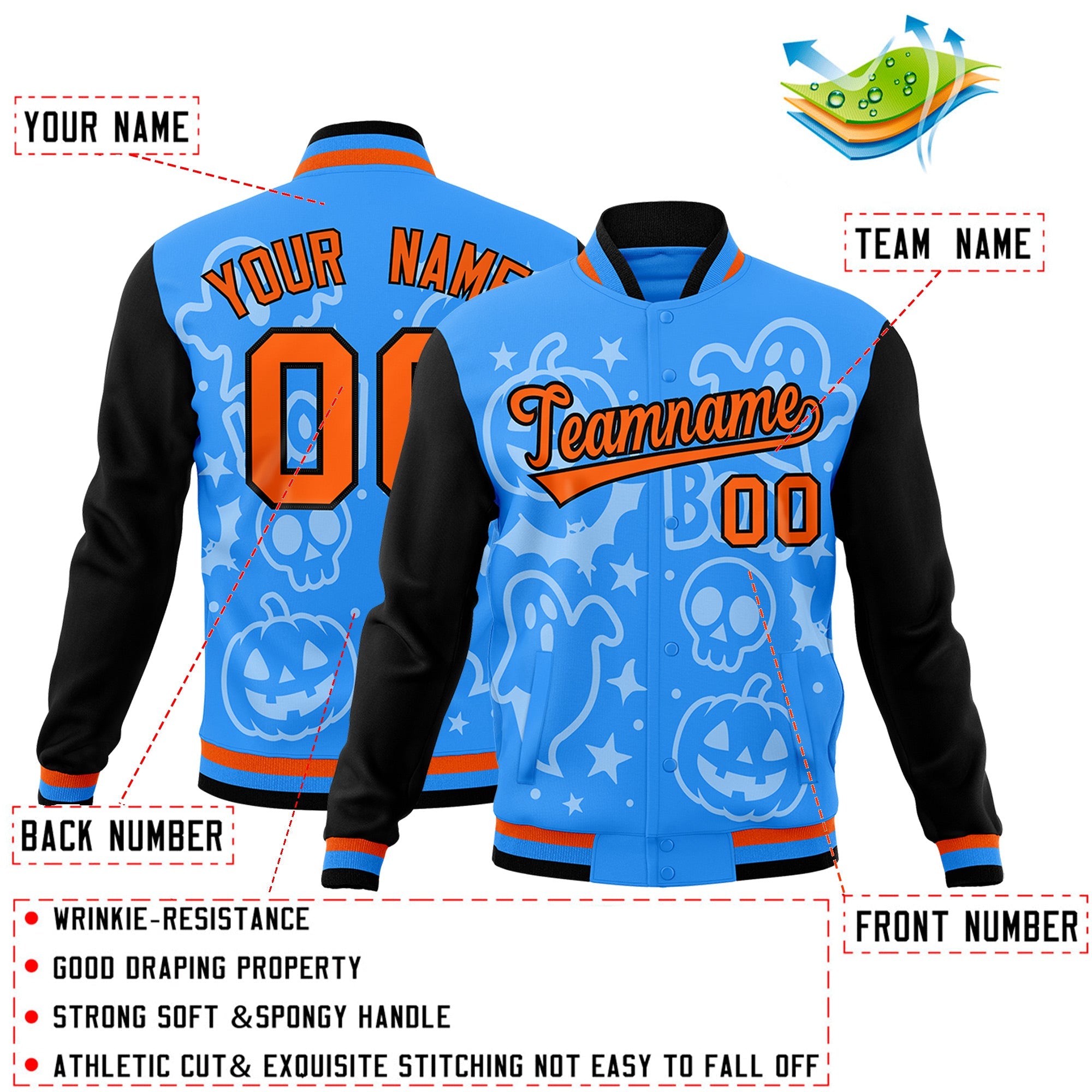 Custom Orange Powder Blue Black Bats Pumpkins Ghost Patterns Halloween Letterman Jacket| KXKSHOP