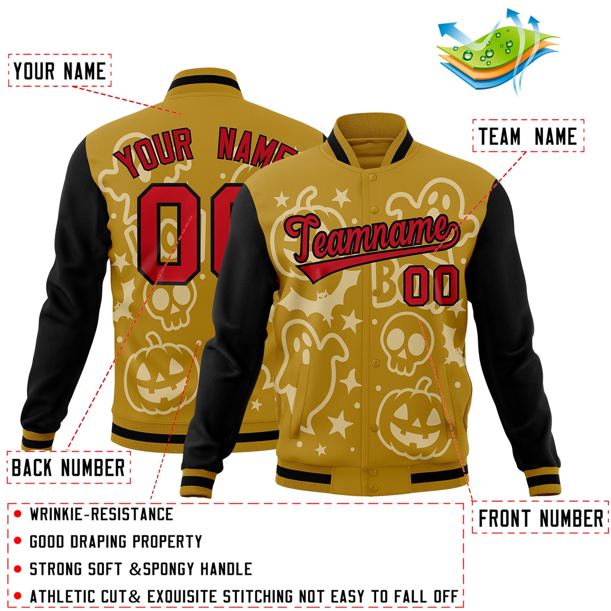 Custom Old Gold Black Red Bats Pumpkins Ghost Patterns Halloween Letterman Jacket| KXKSHOP