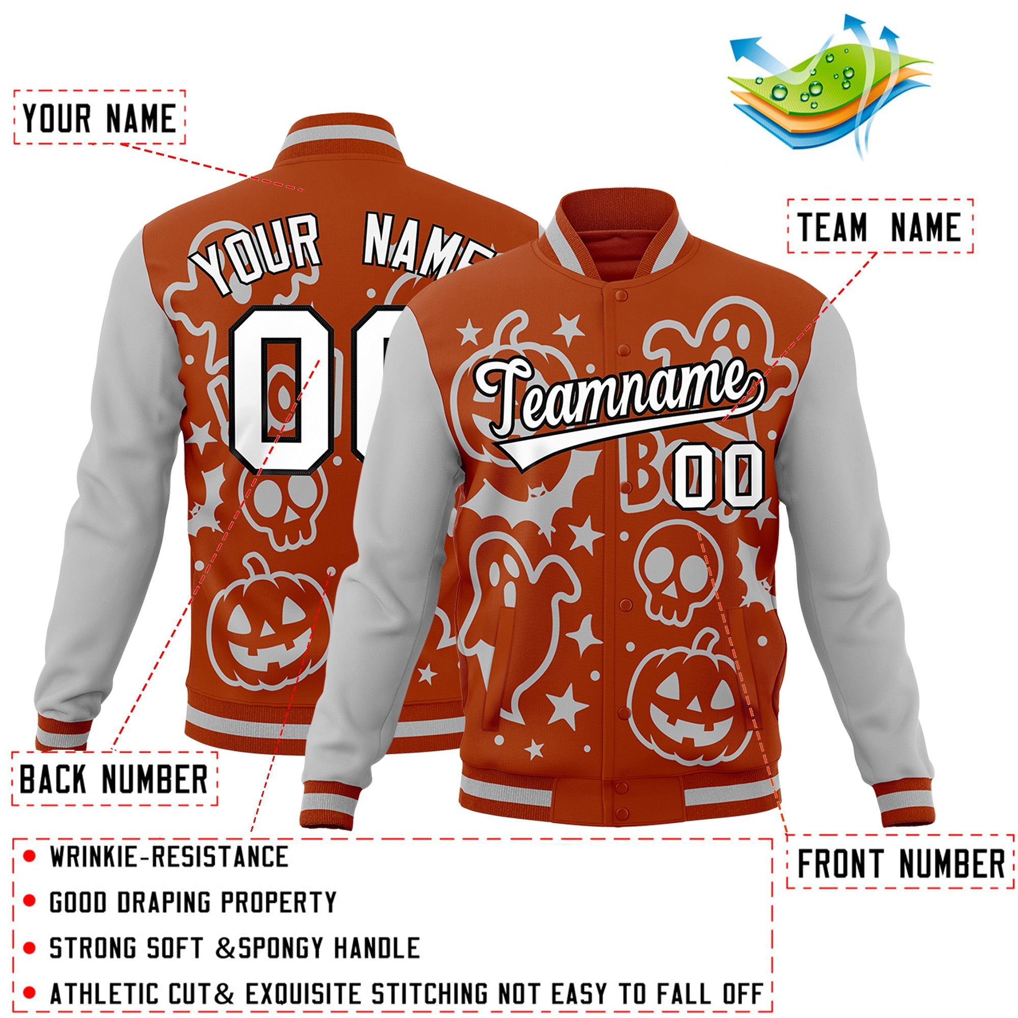 Custom Dark Orange Gray White Bats Pumpkins Ghost Patterns Halloween Letterman Jacket| KXKSHOP