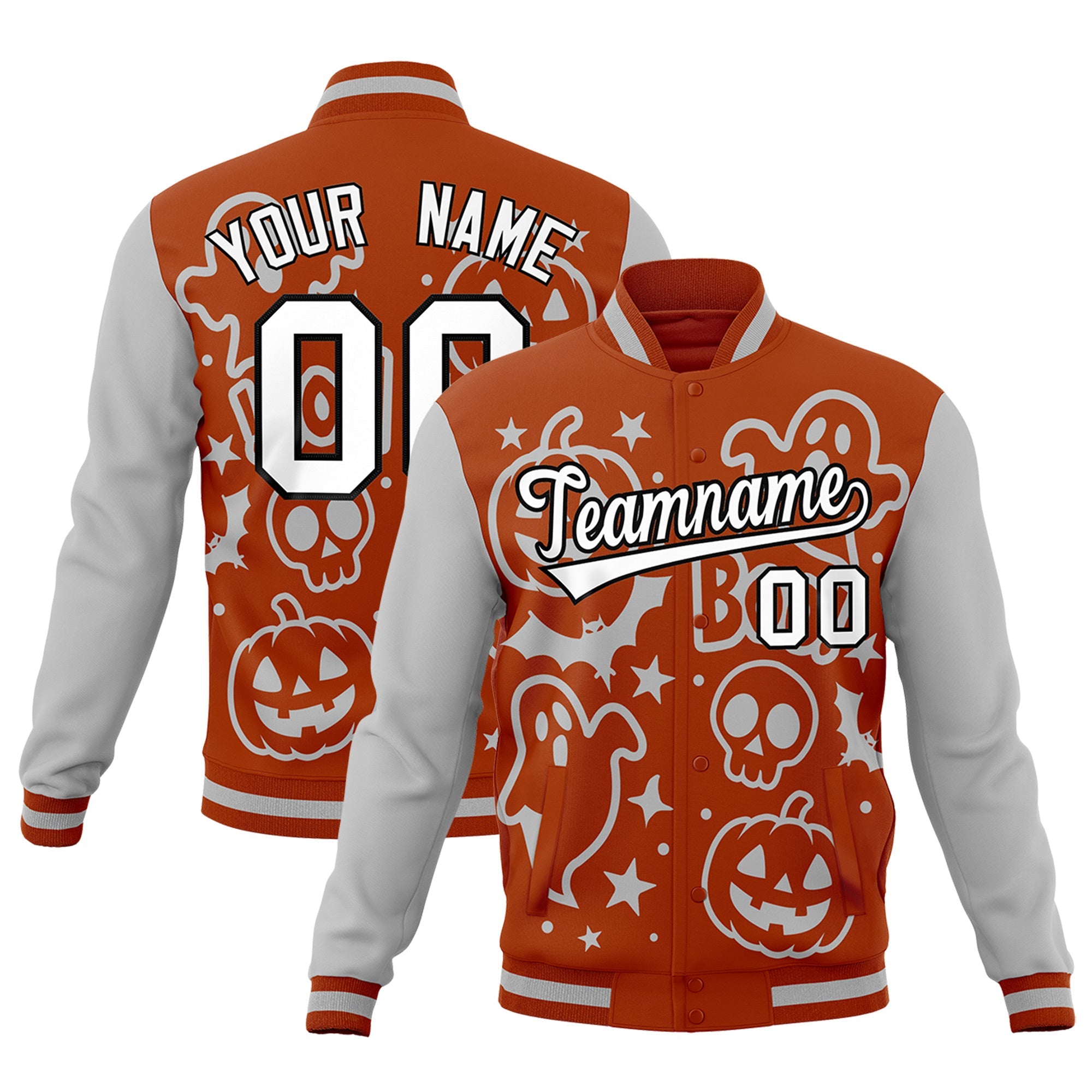 Custom Dark Orange Gray White Bats Pumpkins Ghost Patterns Halloween Letterman Jacket| KXKSHOP