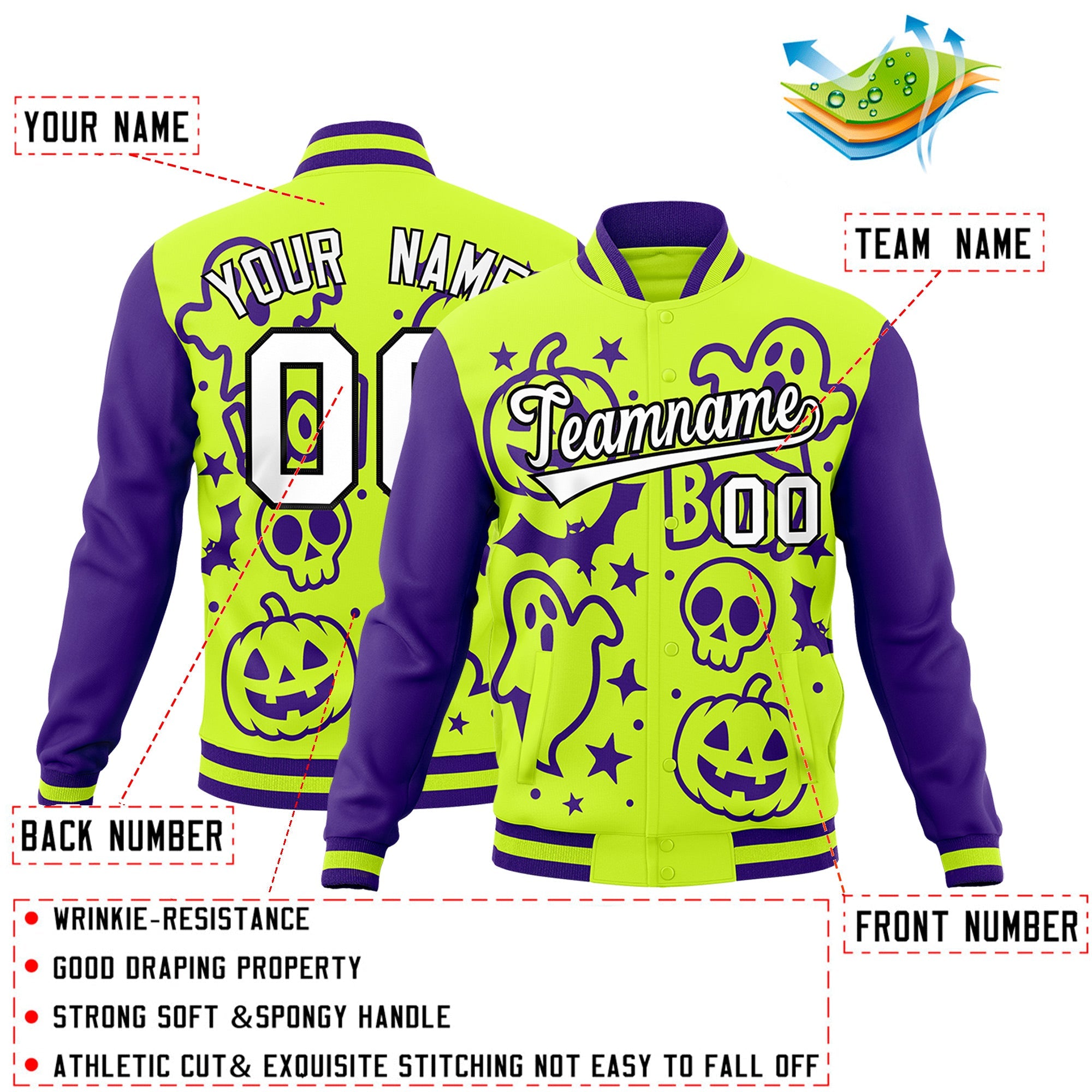 Custom Purple Neon Green White Bats Pumpkins Ghost Patterns Halloween Letterman Jacket| KXKSHOP