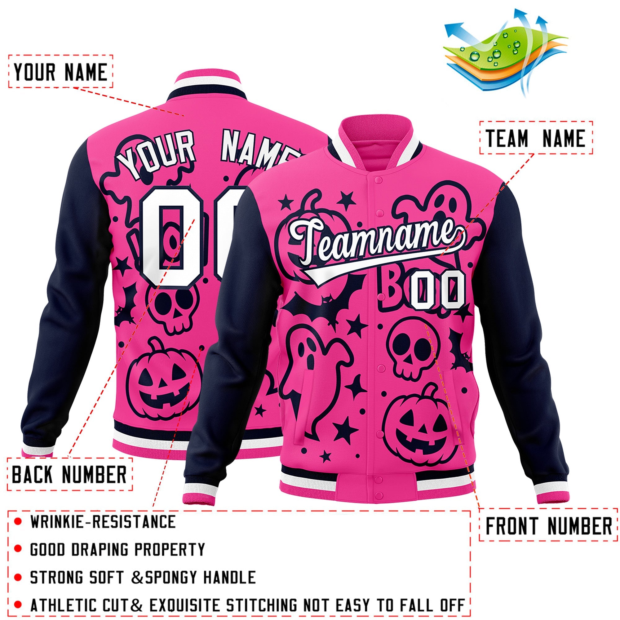 Custom Navy Pink White Bats Pumpkins Ghost Patterns Halloween Letterman Jacket| KXKSHOP
