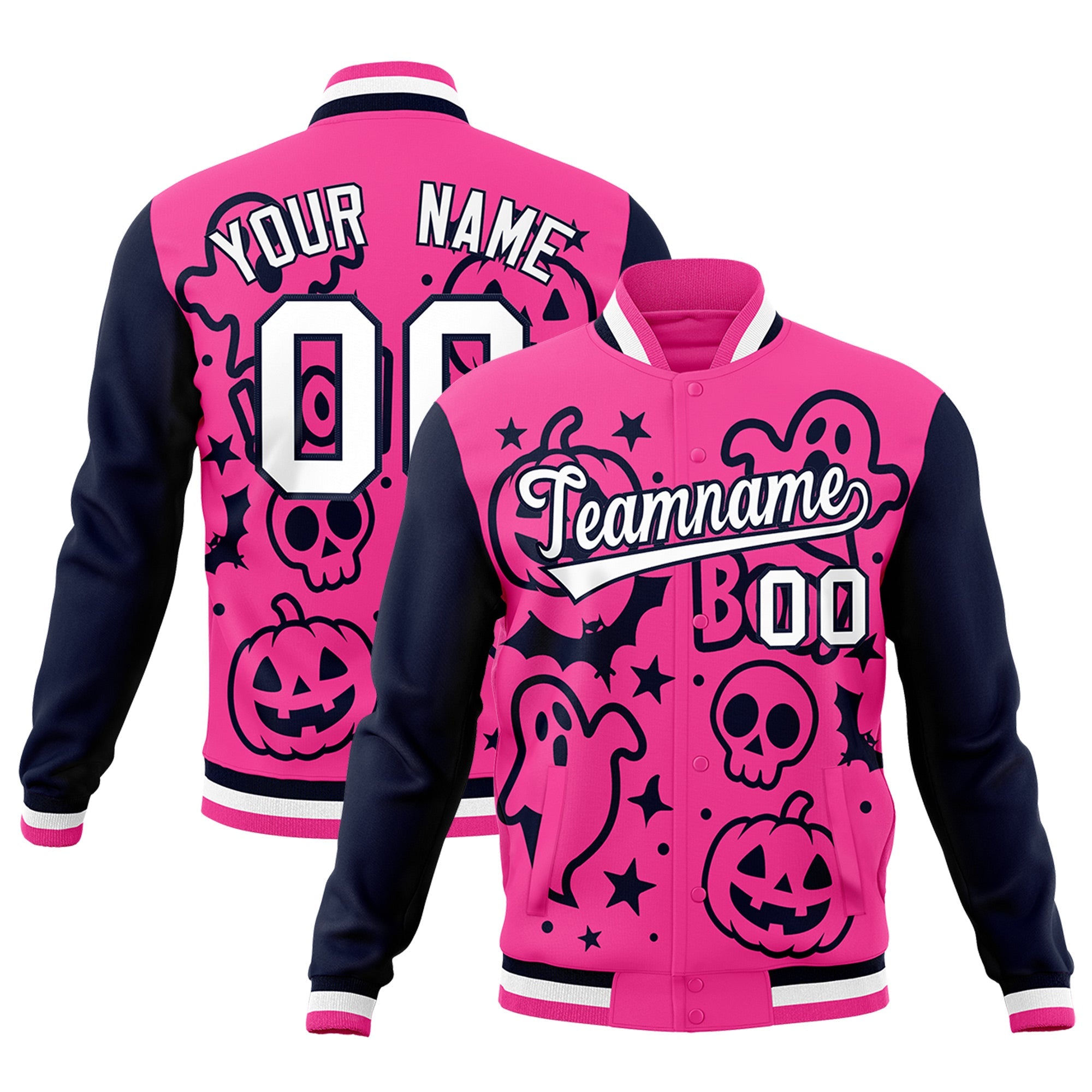 Custom Navy Pink White Bats Pumpkins Ghost Patterns Halloween Letterman Jacket| KXKSHOP