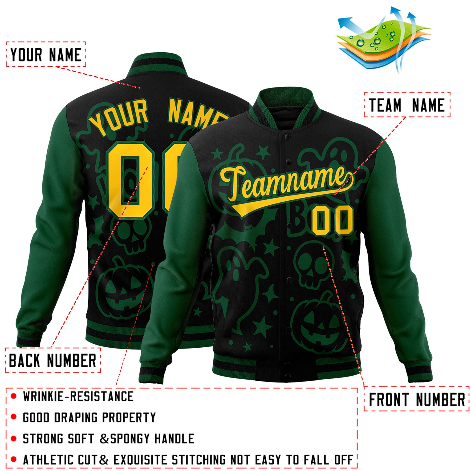 Custom Green Black Gold Bats Pumpkins Ghost Patterns Halloween Letterman Jacket| KXKSHOP