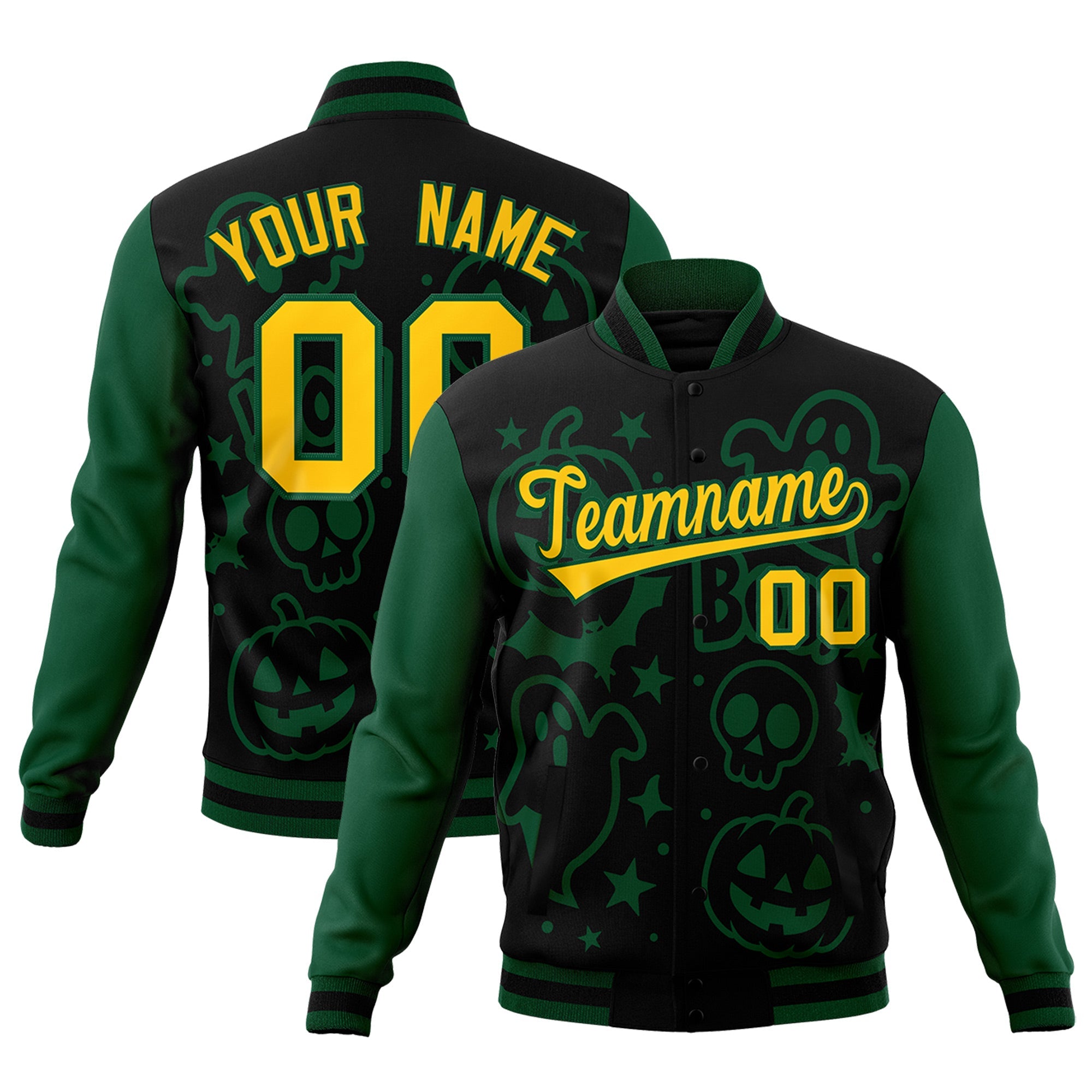 Custom Green Black Gold Bats Pumpkins Ghost Patterns Halloween Letterman Jacket| KXKSHOP