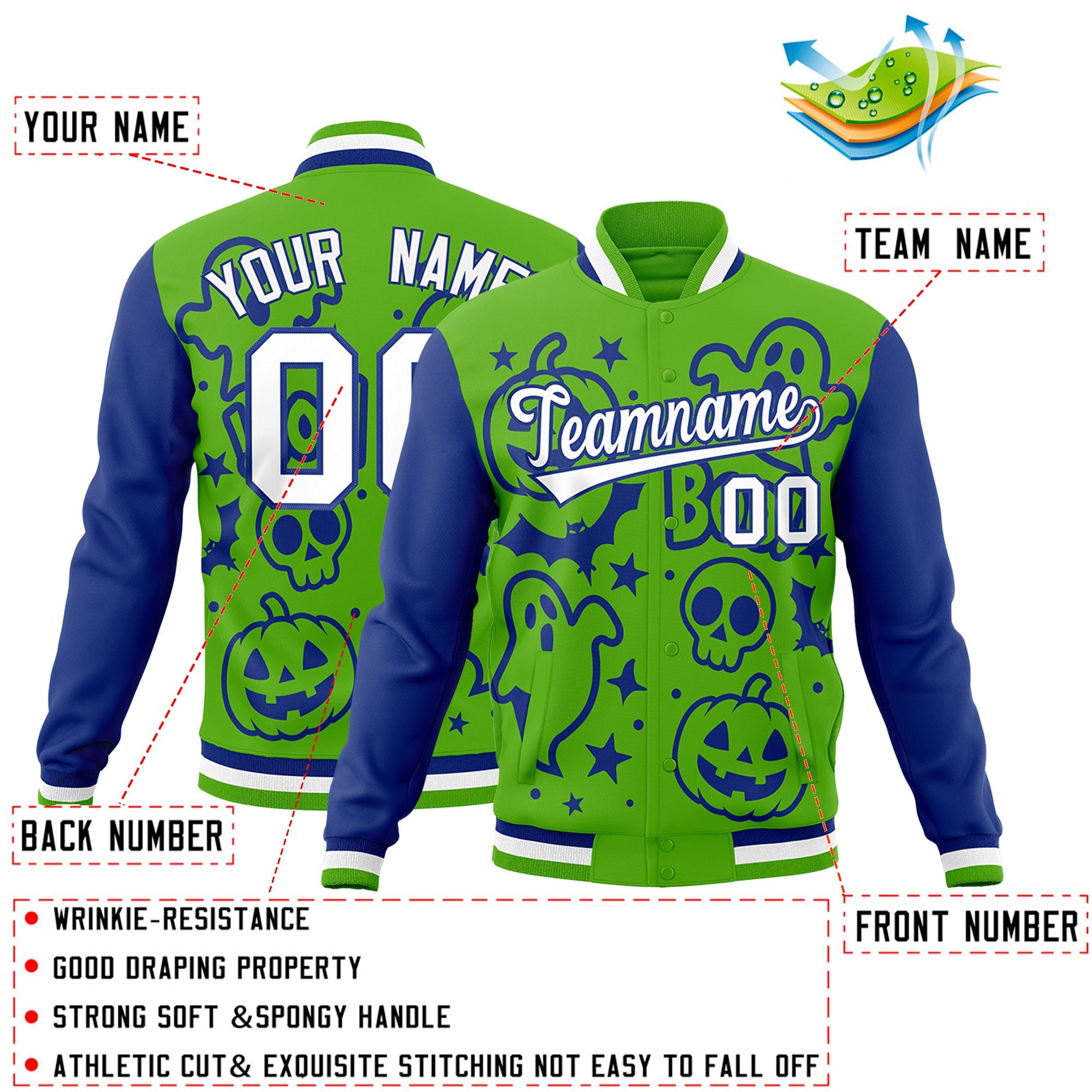 Custom Green Royal Blue White Bats Pumpkins Ghost Patterns Halloween Letterman Jacket| KXKSHOP