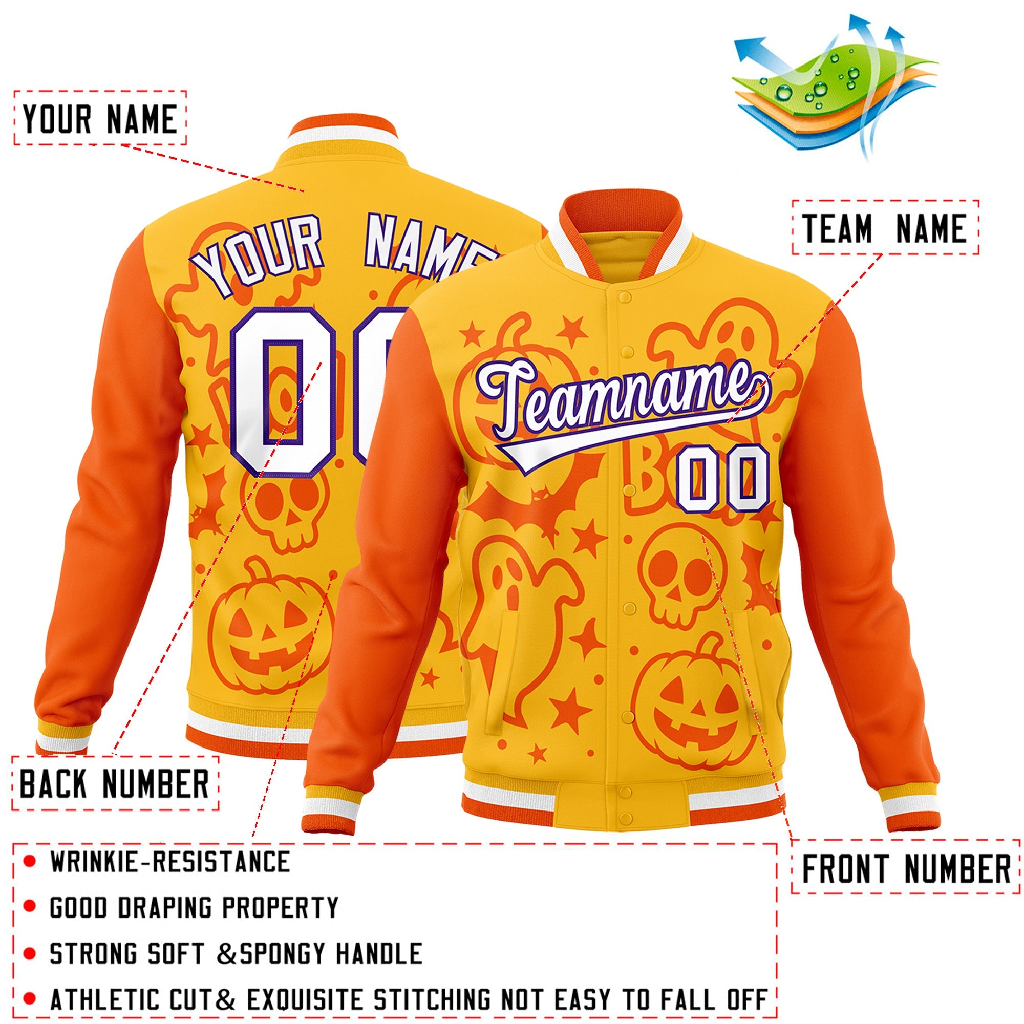 Custom Yellow Orange Gold Bats Pumpkins Ghost Patterns Halloween Letterman Jacket| KXKSHOP