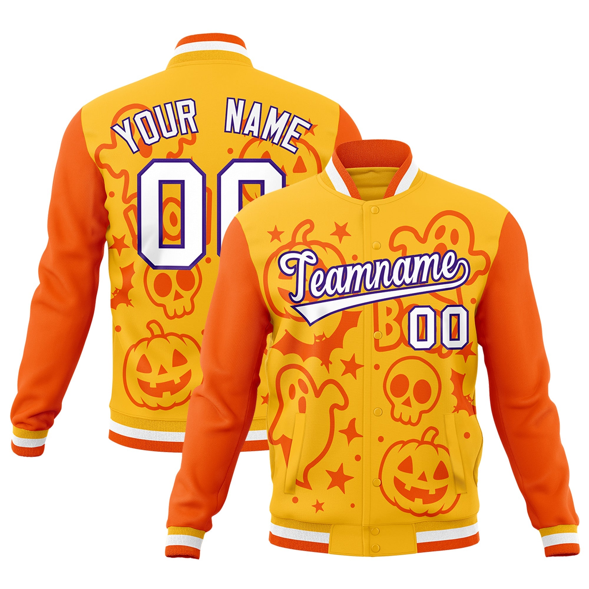 Custom Yellow Orange Gold Bats Pumpkins Ghost Patterns Halloween Letterman Jacket| KXKSHOP