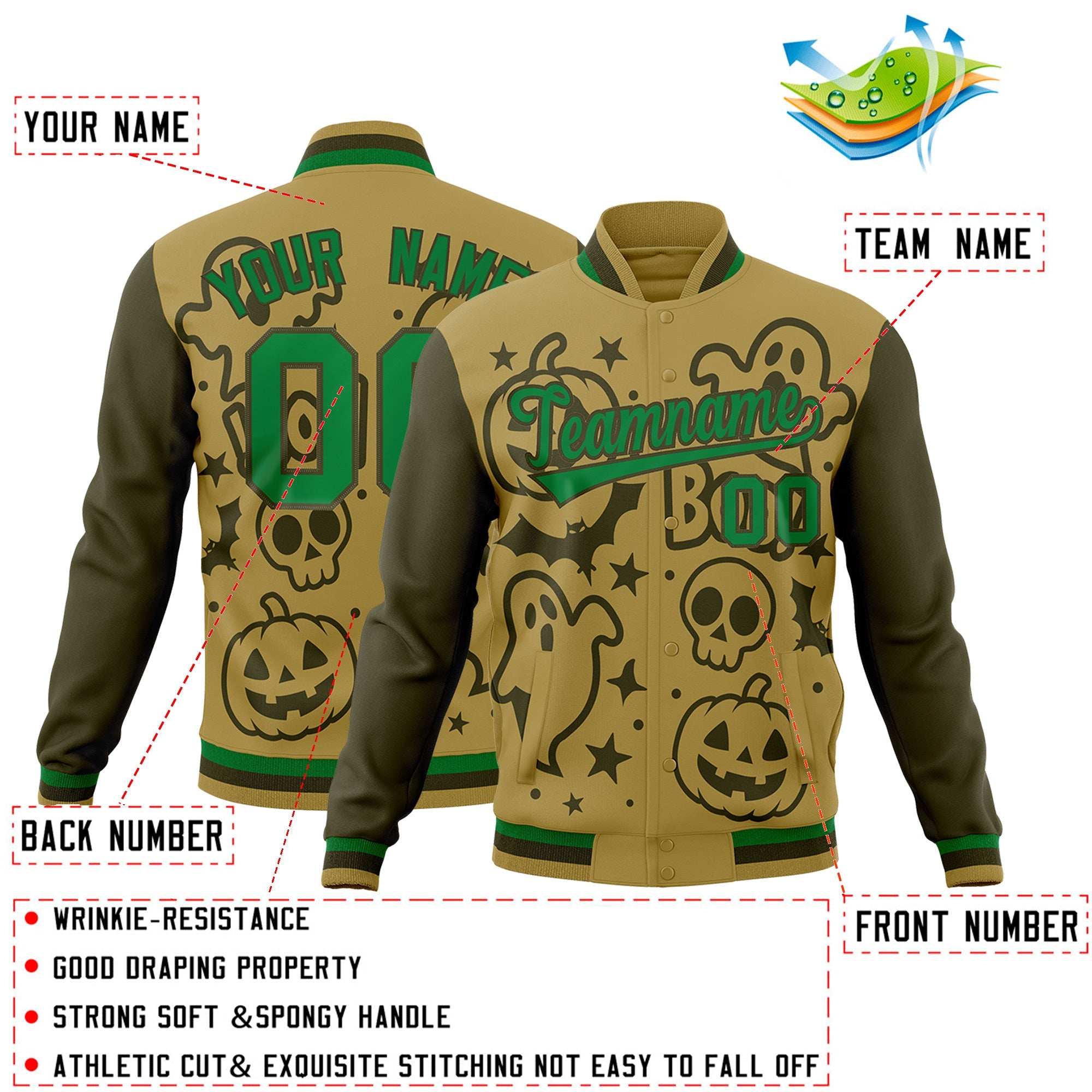 Custom Desert Yellow Kelly Green Olive Bats Pumpkins Ghost Patterns Halloween Letterman Jacket| KXKSHOP