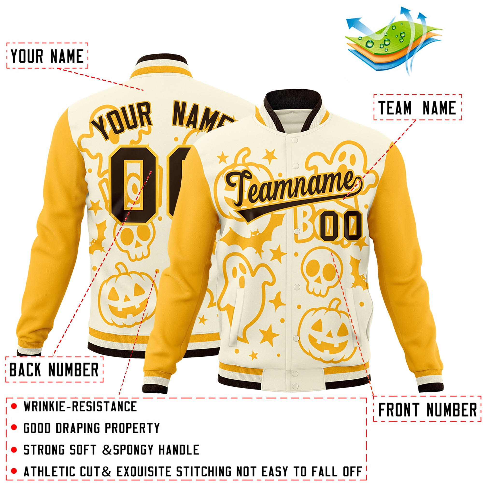 Custom Yellow Cream Gold Bats Pumpkins Ghost Patterns Halloween Letterman Jacket| KXKSHOP