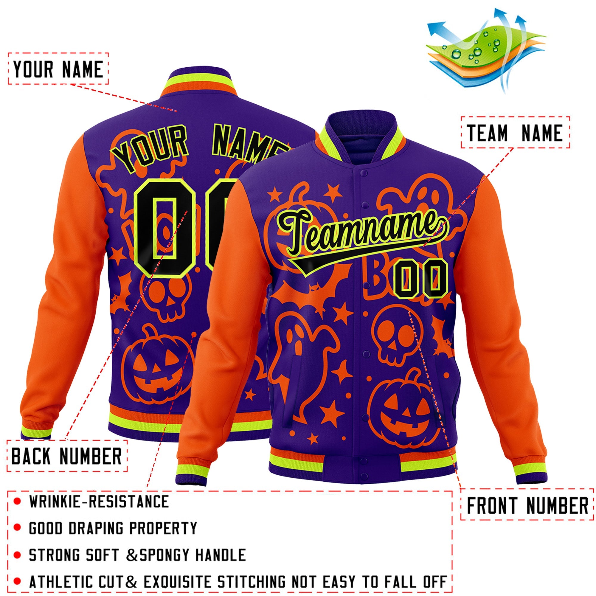 Custom Orange Purple Neon Green Bats Pumpkins Ghost Patterns Halloween Letterman Jacket| KXKSHOP