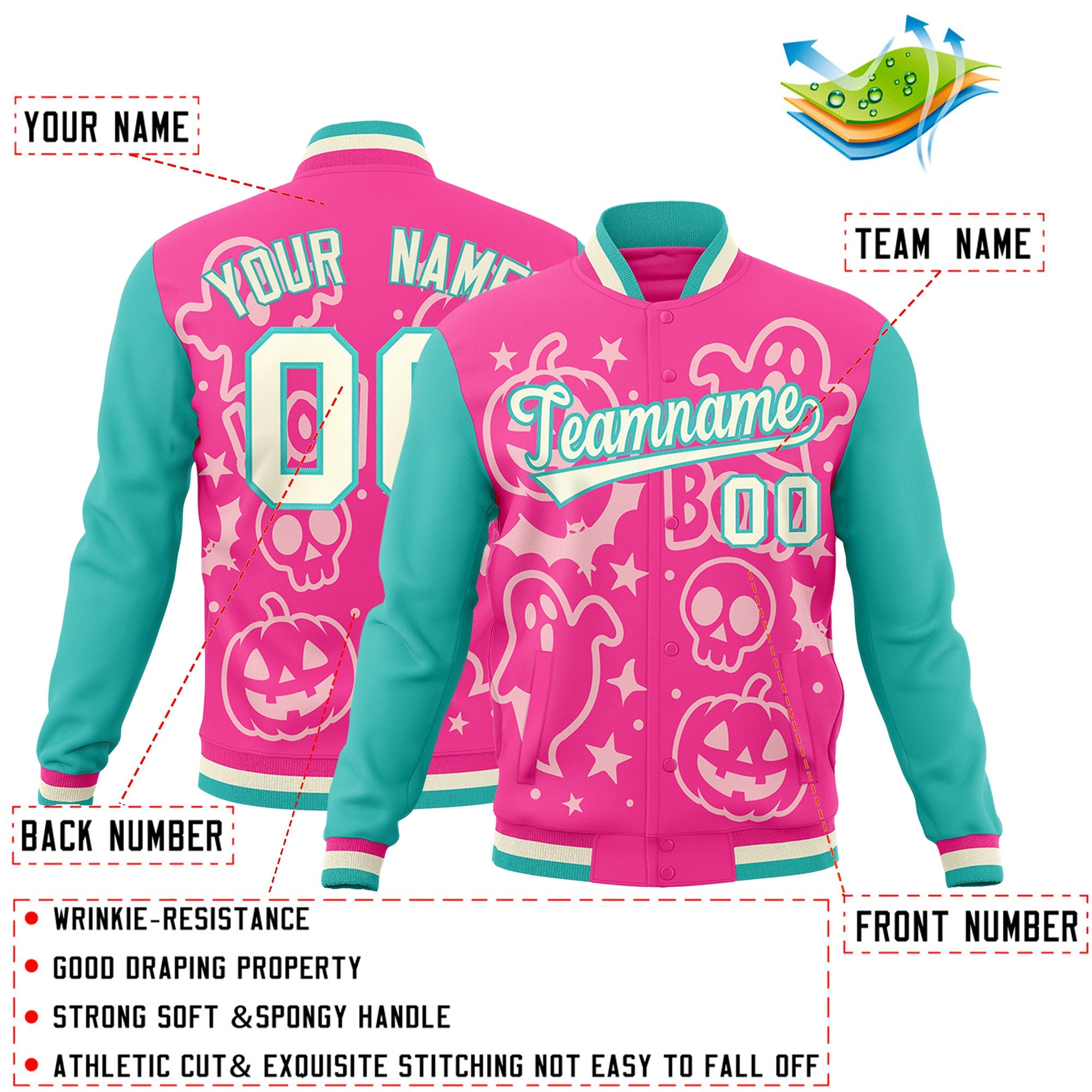 Custom Pink Bright Green Cream Bats Pumpkins Ghost Patterns Halloween Letterman Jacket| KXKSHOP