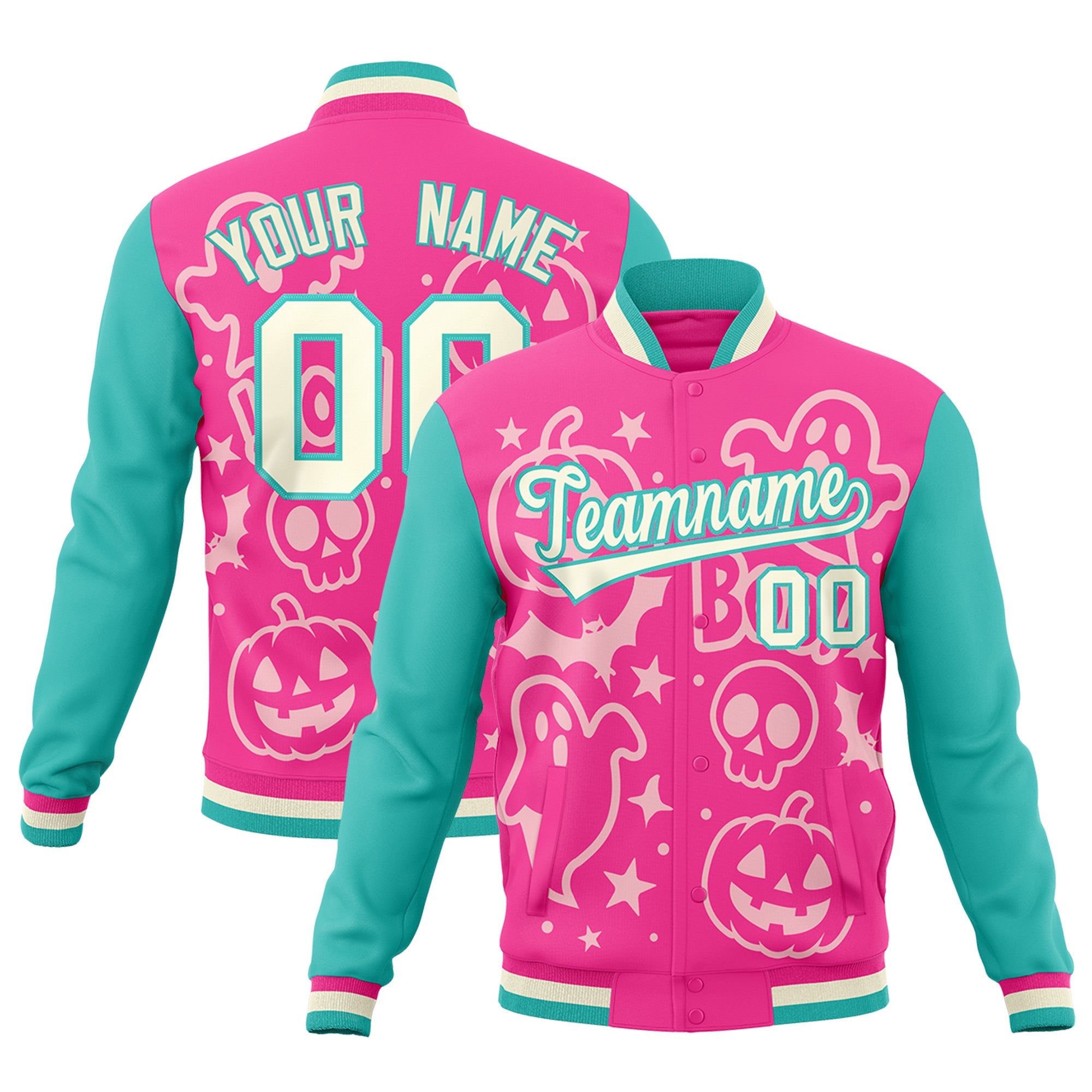 Custom Pink Bright Green Cream Bats Pumpkins Ghost Patterns Halloween Letterman Jacket| KXKSHOP