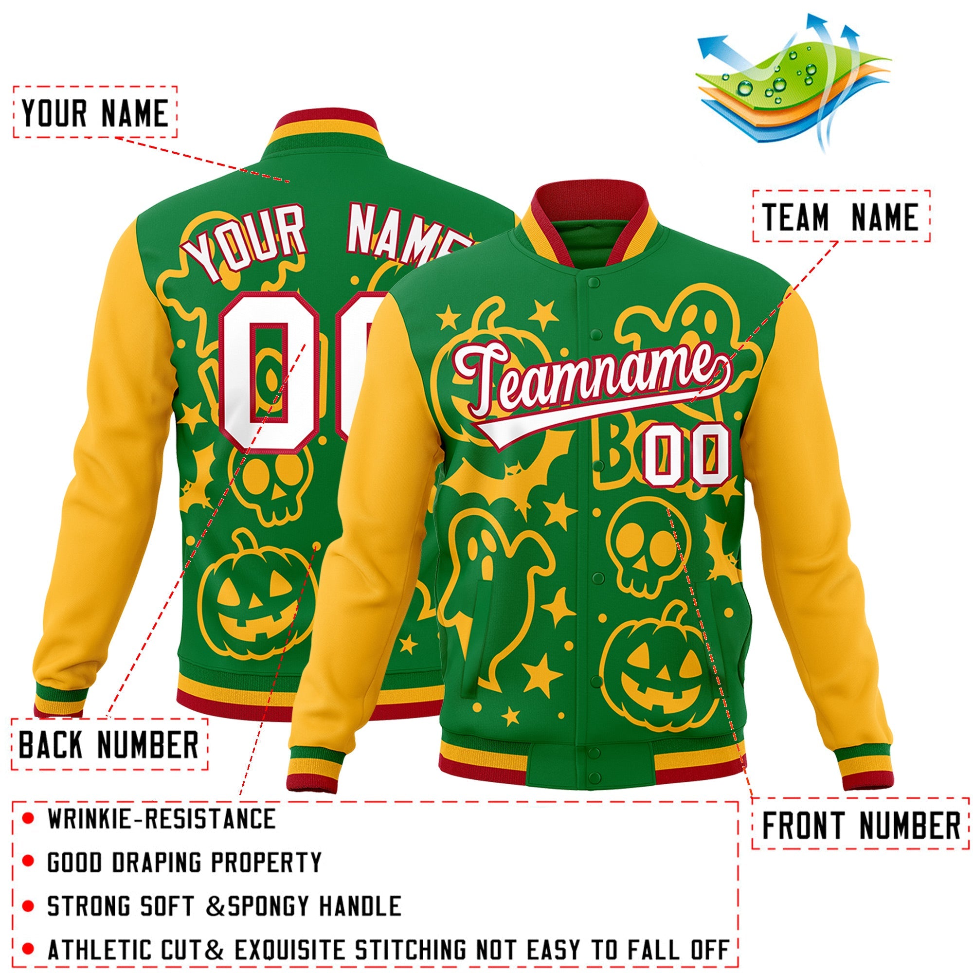 Custom Kelly Green Gold Red Bats Pumpkins Ghost Patterns Halloween Letterman Jacket| KXKSHOP