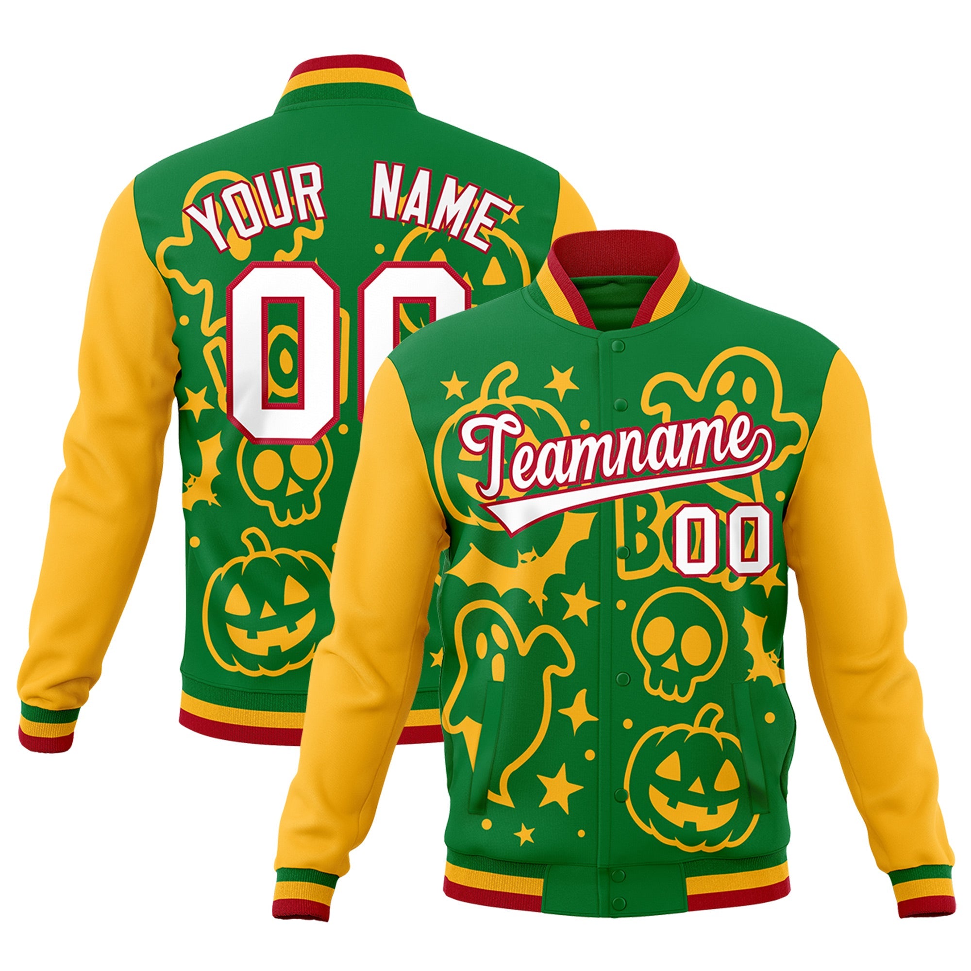 Custom Kelly Green Gold Red Bats Pumpkins Ghost Patterns Halloween Letterman Jacket| KXKSHOP
