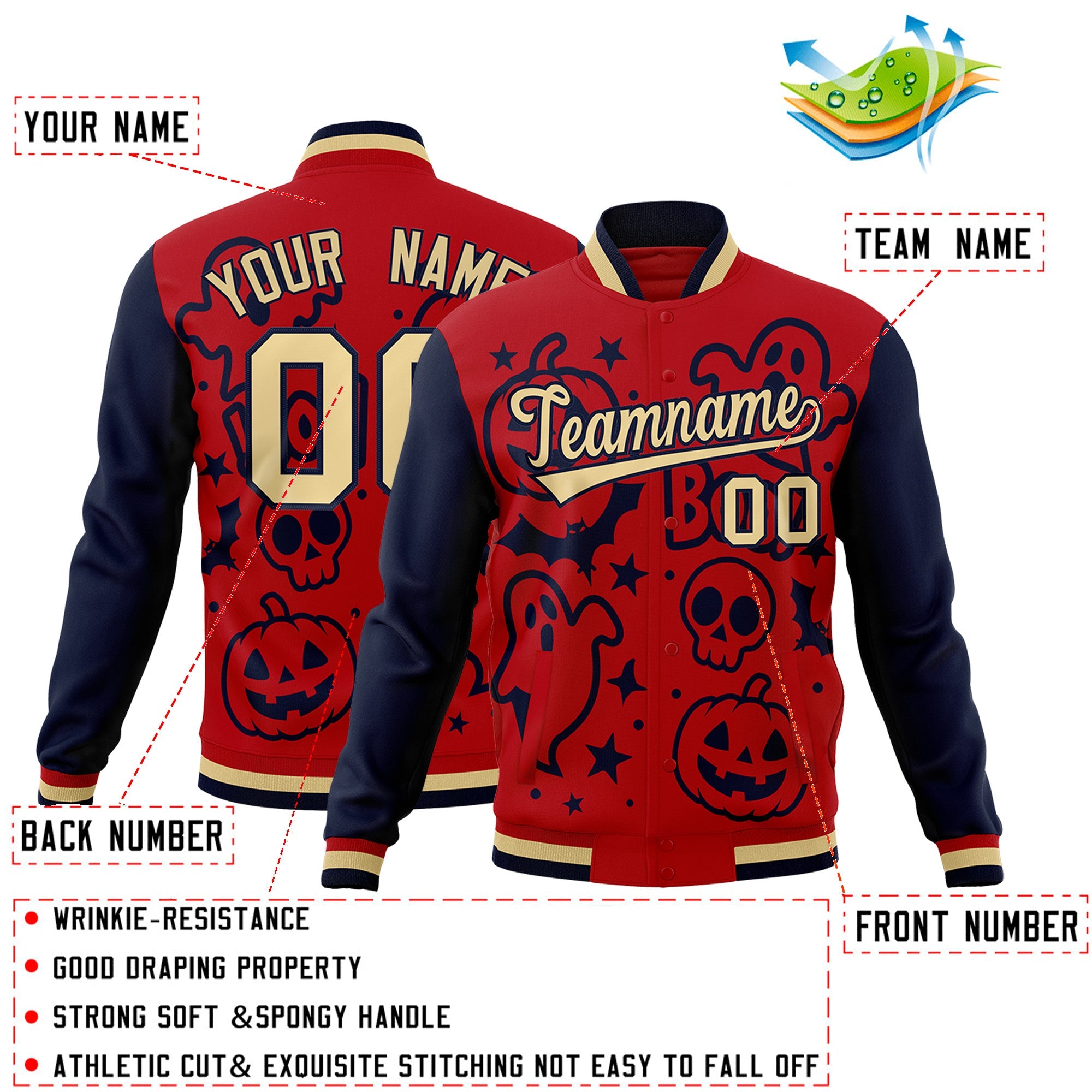 Custom Red Navy Khaki Bats Pumpkins Ghost Patterns Halloween Letterman Jacket| KXKSHOP