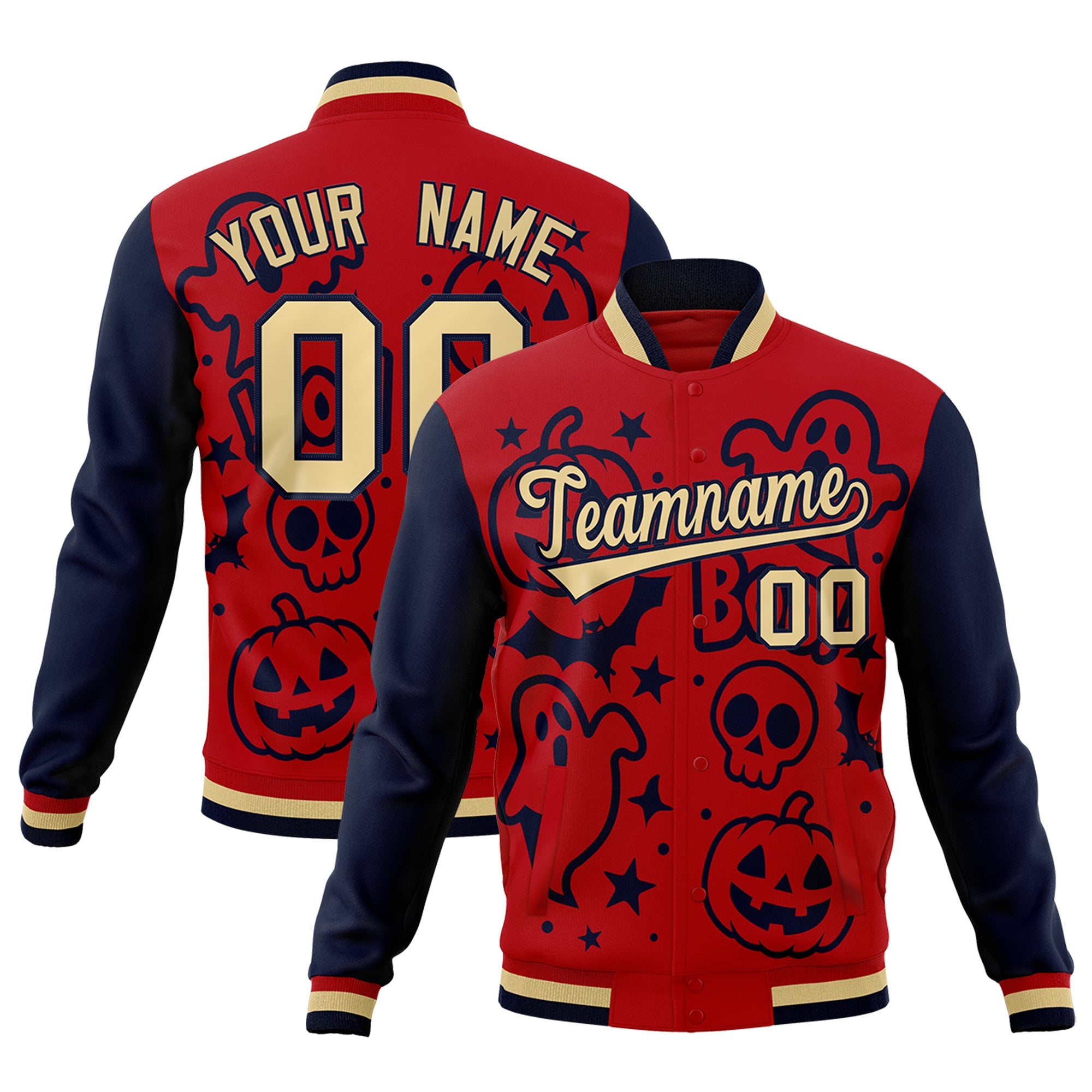 Custom Red Navy Khaki Bats Pumpkins Ghost Patterns Halloween Letterman Jacket| KXKSHOP