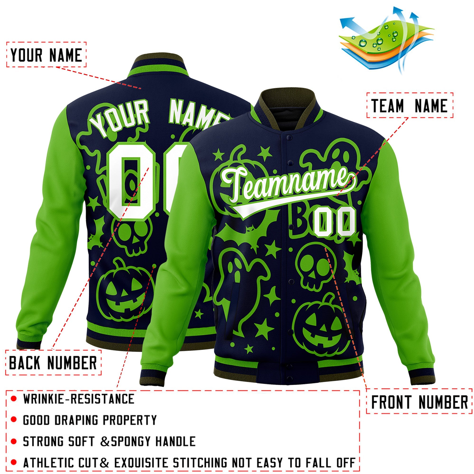 Custom Green Navy Olive Bats Pumpkins Ghost Patterns Halloween Letterman Jacket| KXKSHOP