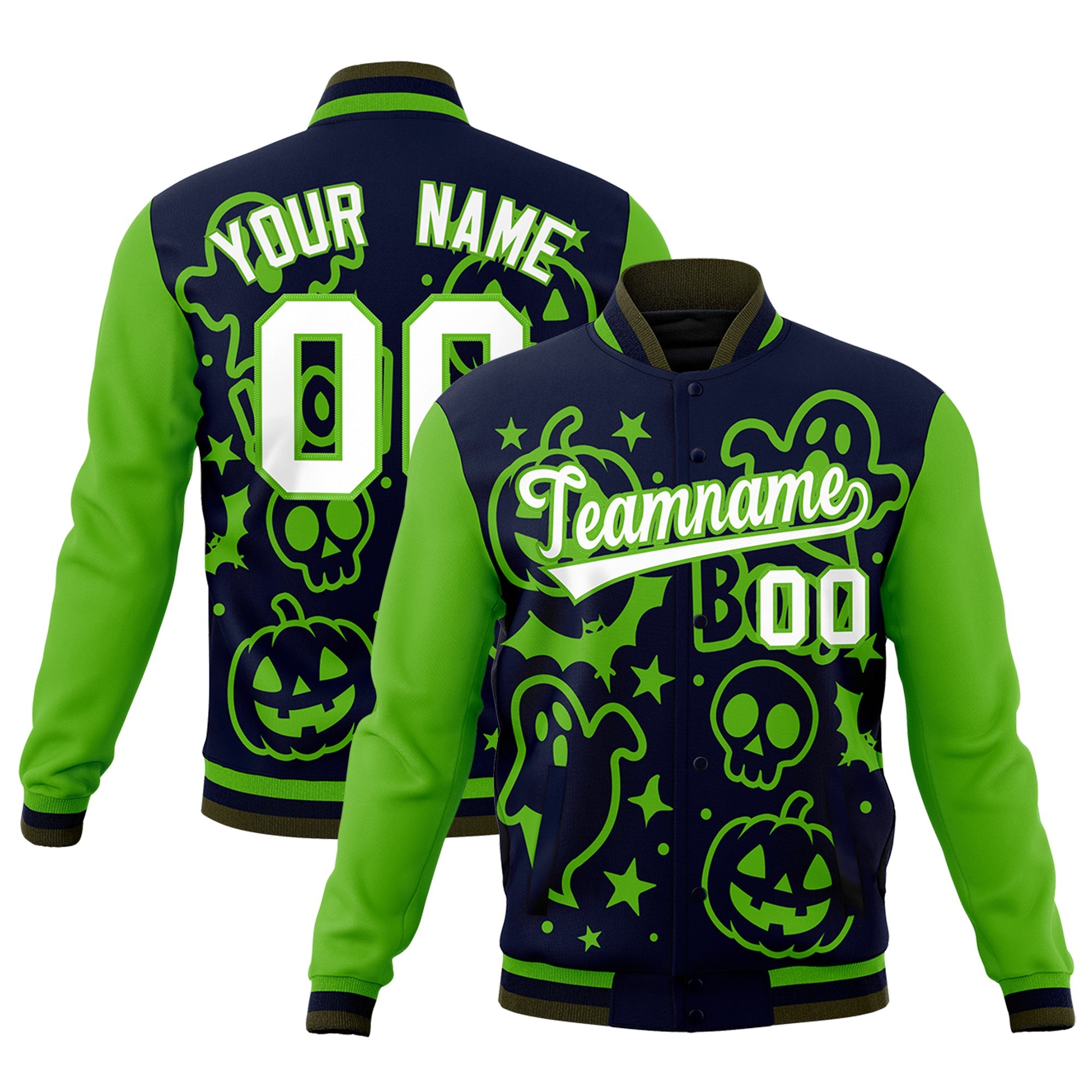 Custom Green Navy Olive Bats Pumpkins Ghost Patterns Halloween Letterman Jacket| KXKSHOP