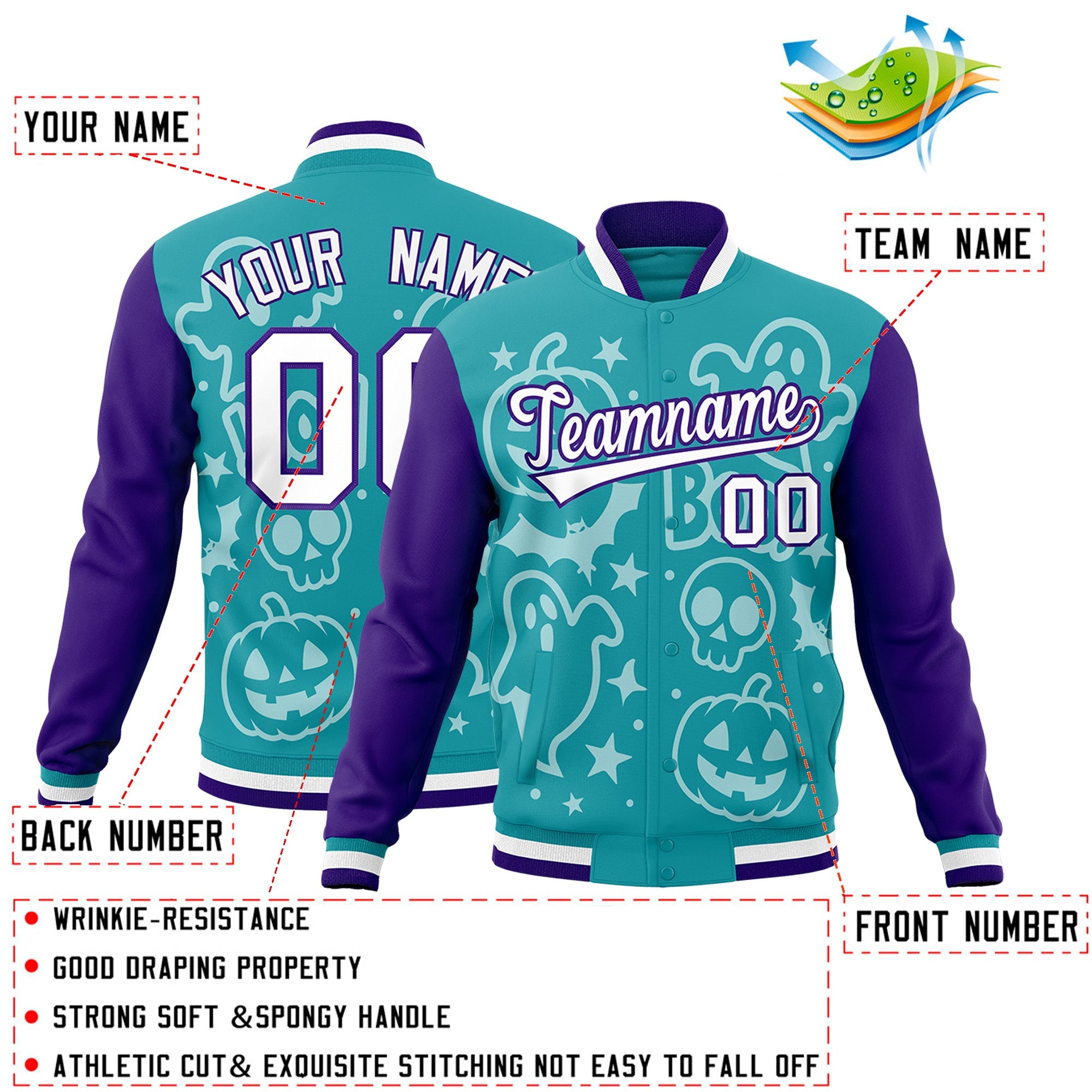 Custom Aqua Purple White Bats Pumpkins Ghost Patterns Halloween Letterman Jacket| KXKSHOP