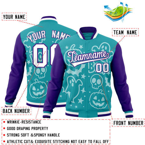 Custom Aqua Purple White Bats Pumpkins Ghost Patterns Halloween Letterman Jacket| KXKSHOP