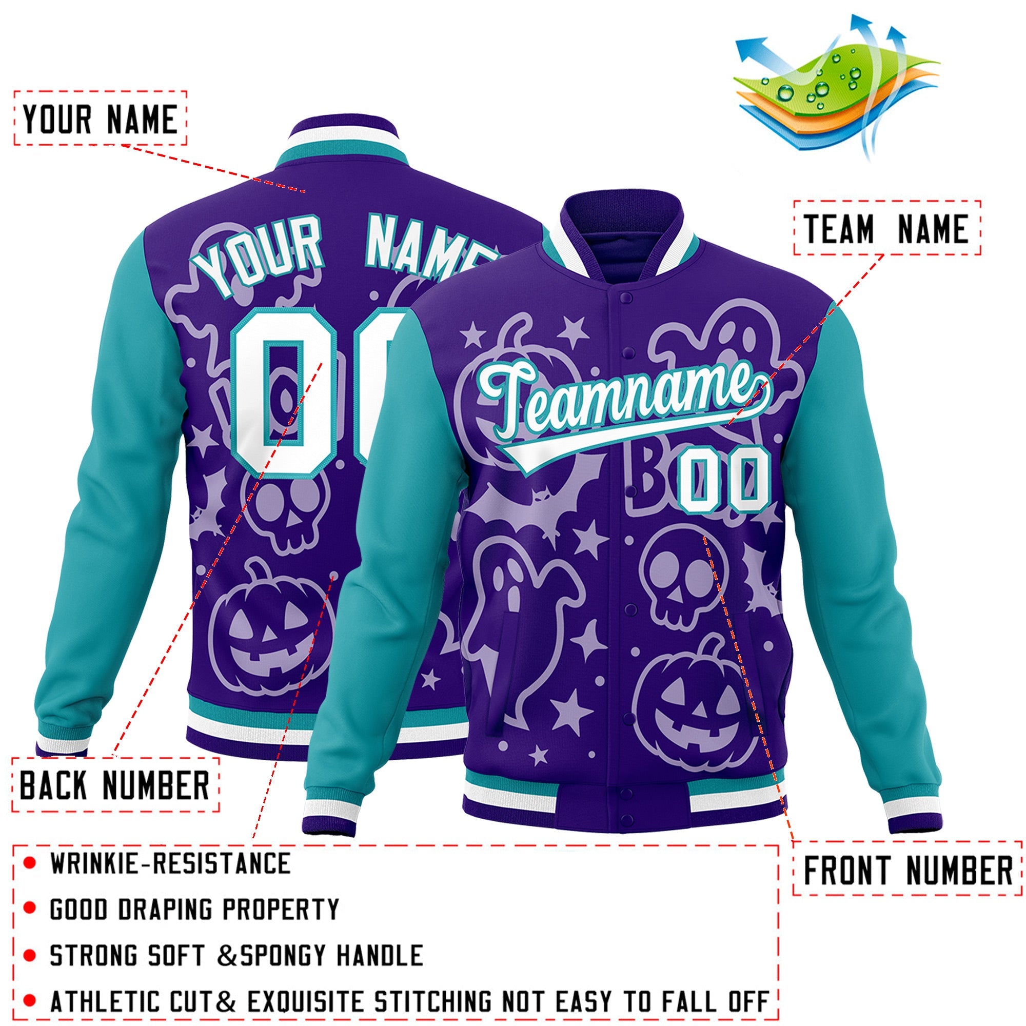 Custom Purple Aqua White Bats Pumpkins Ghost Patterns Halloween Letterman Jacket| KXKSHOP