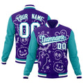 Custom Purple Aqua White Bats Pumpkins Ghost Patterns Halloween Letterman Jacket| KXKSHOP