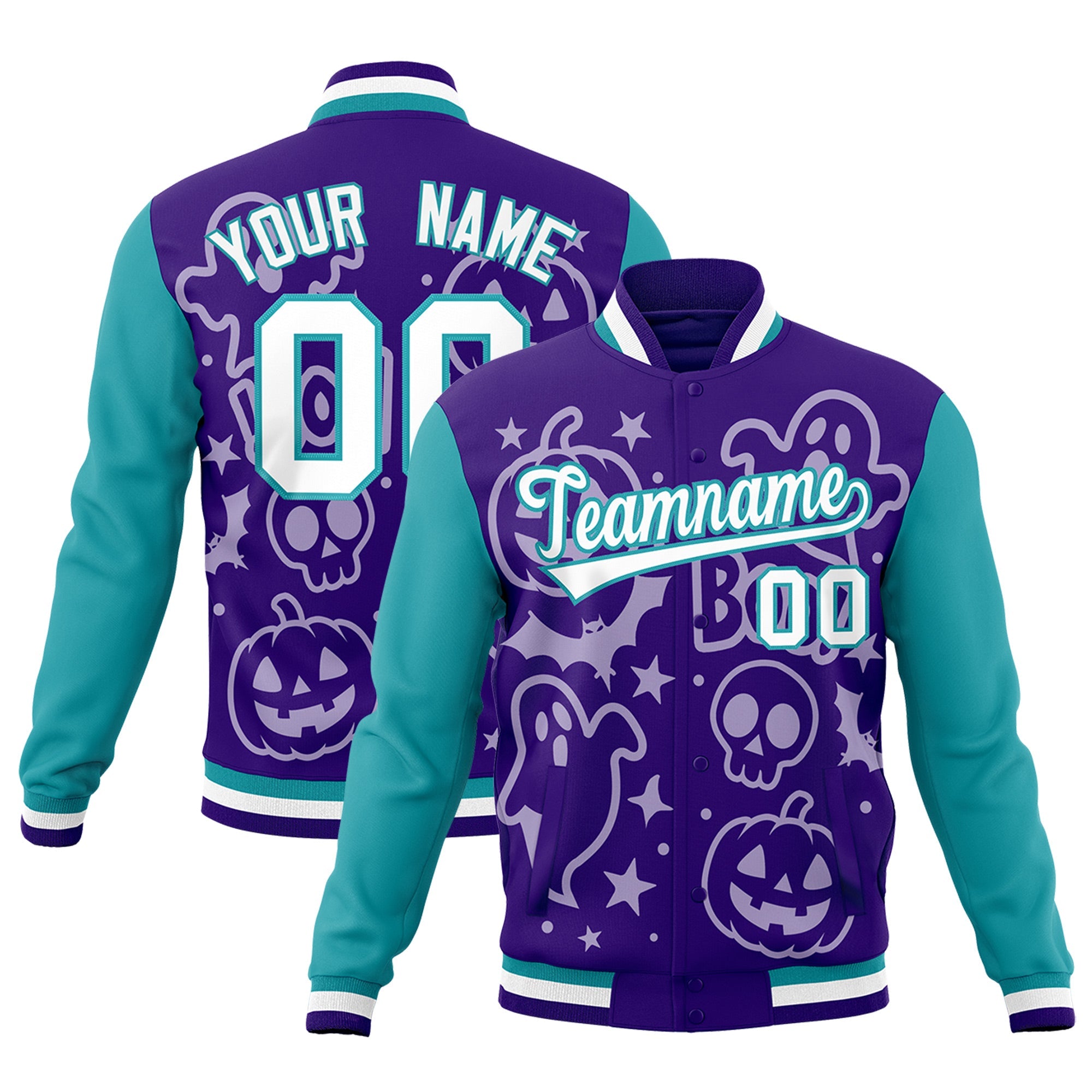 Custom Purple Aqua White Bats Pumpkins Ghost Patterns Halloween Letterman Jacket| KXKSHOP