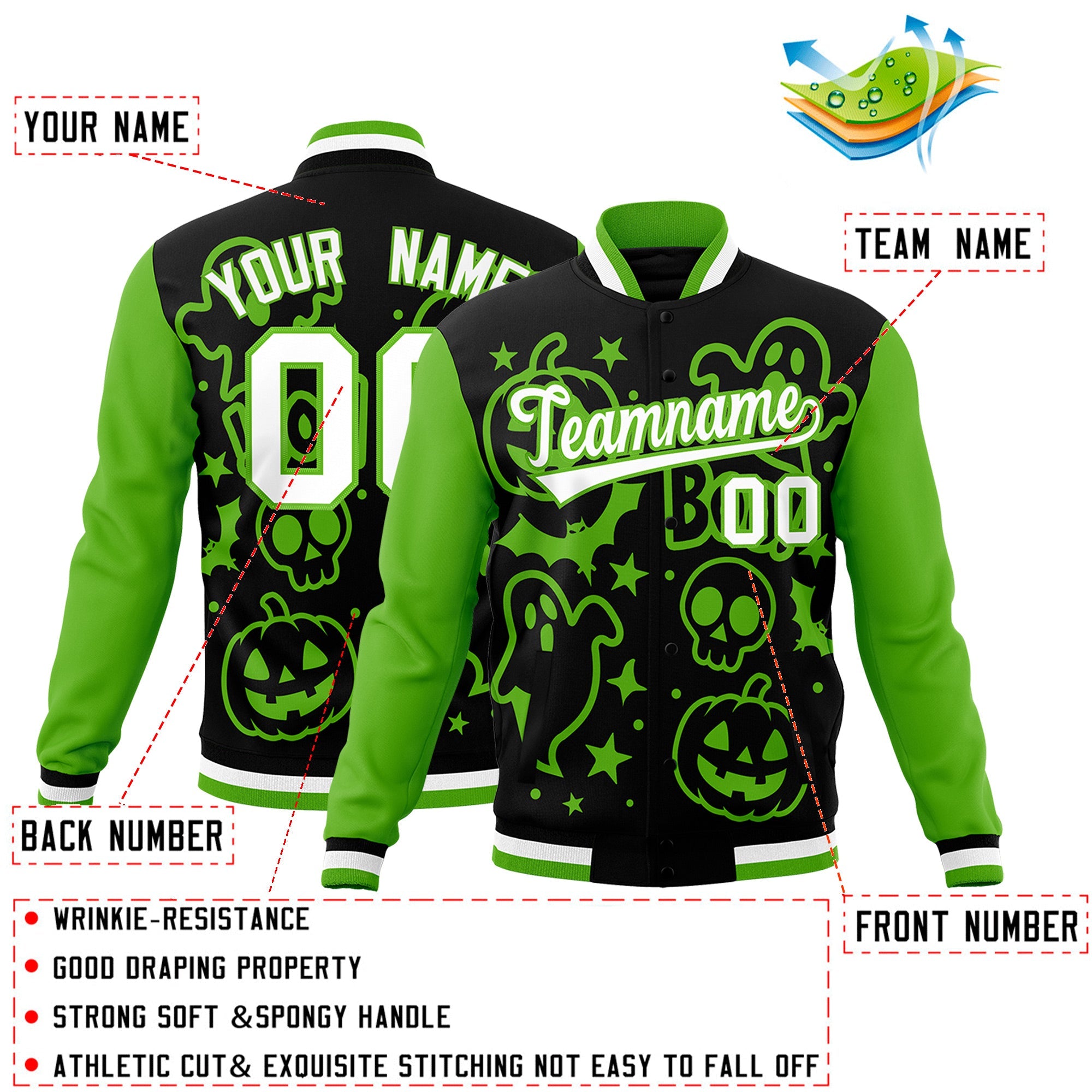 Custom Black Green White Bats Pumpkins Ghost Patterns Halloween Letterman Jacket| KXKSHOP