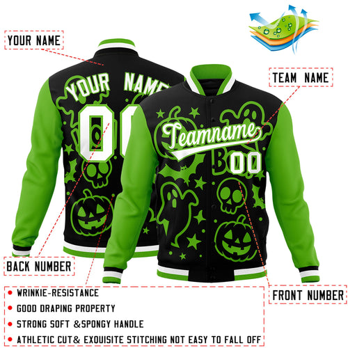 Custom Black Green White Bats Pumpkins Ghost Patterns Halloween Letterman Jacket| KXKSHOP