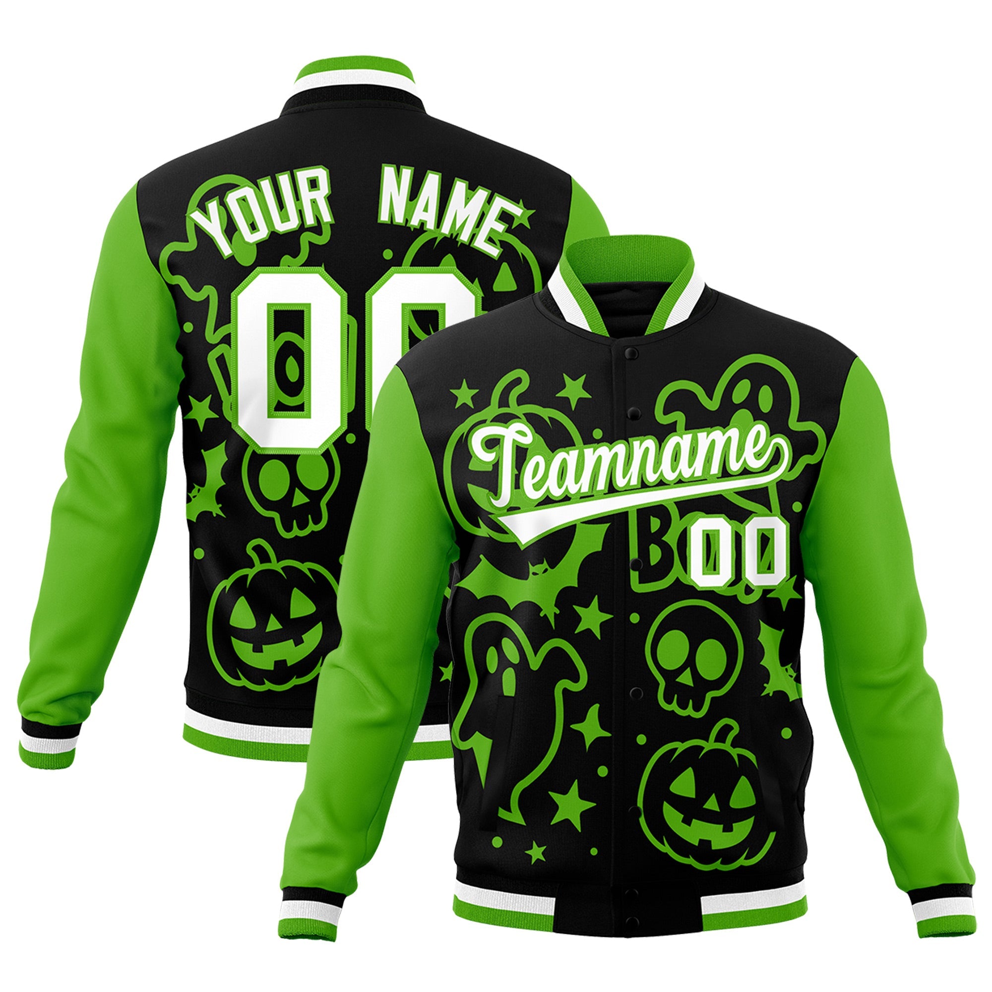 Custom Black Green White Bats Pumpkins Ghost Patterns Halloween Letterman Jacket| KXKSHOP