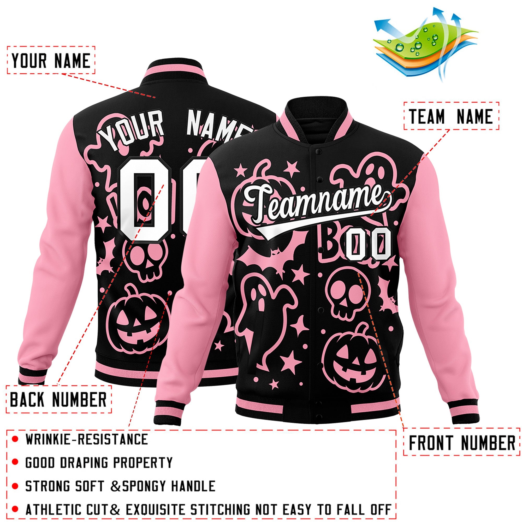Custom Light Pink Black White Bats Pumpkins Ghost Patterns Halloween Letterman Jacket| KXKSHOP