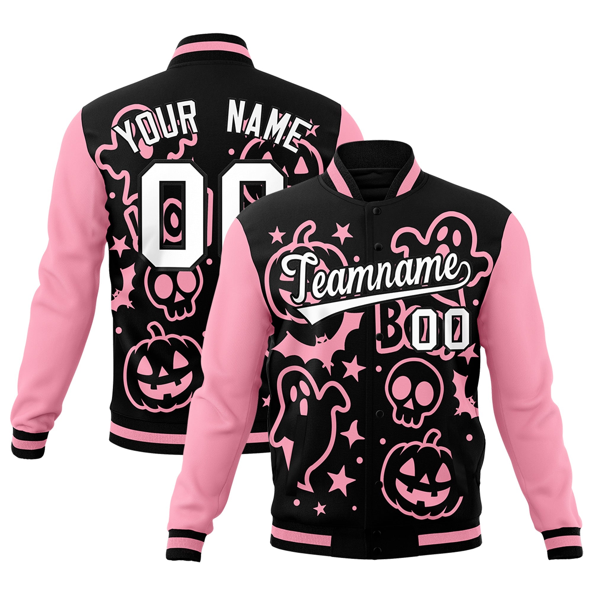 Custom Light Pink Black White Bats Pumpkins Ghost Patterns Halloween Letterman Jacket| KXKSHOP