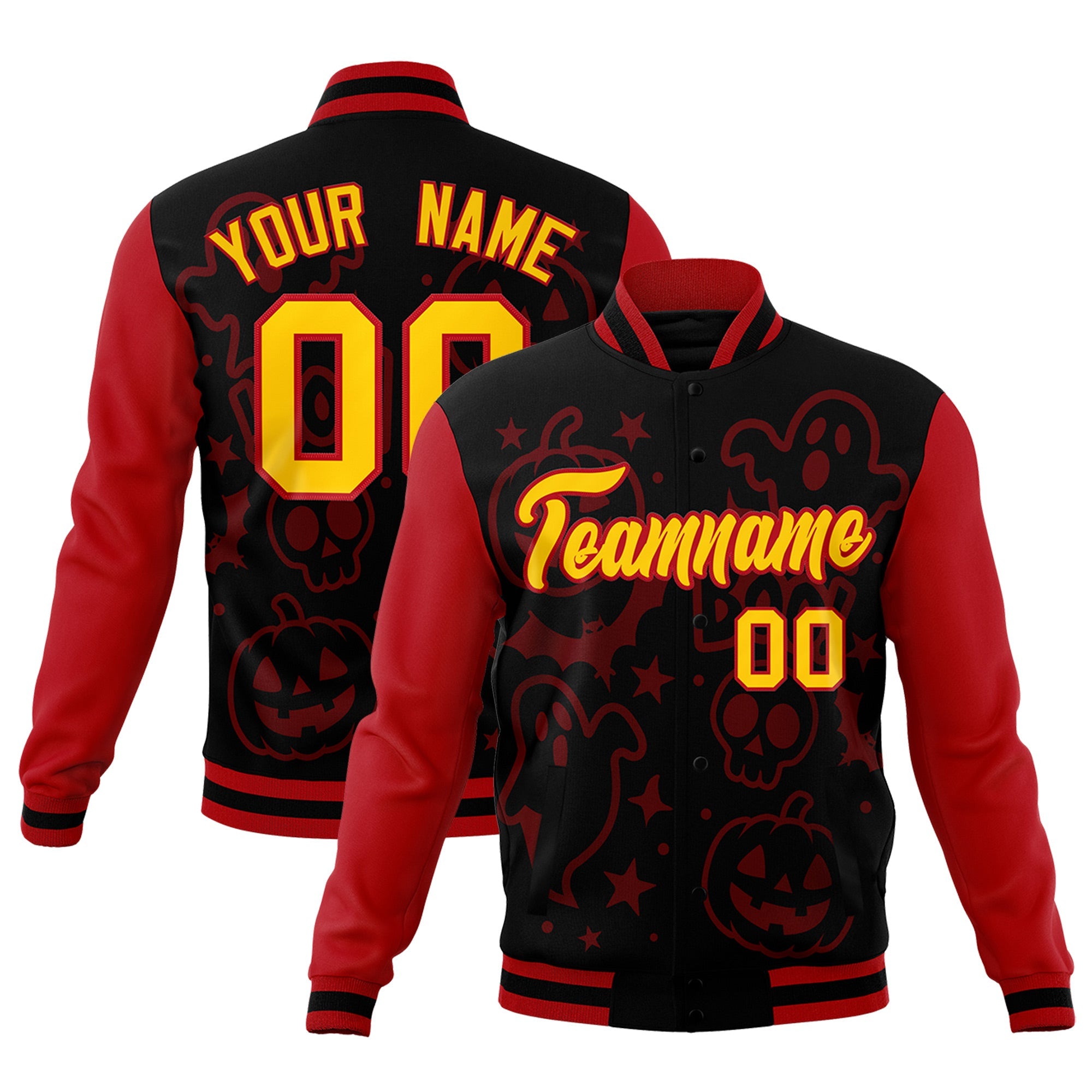 Custom Red Black Gold Bats Pumpkins Ghost Patterns Halloween Letterman Jacket| KXKSHOP