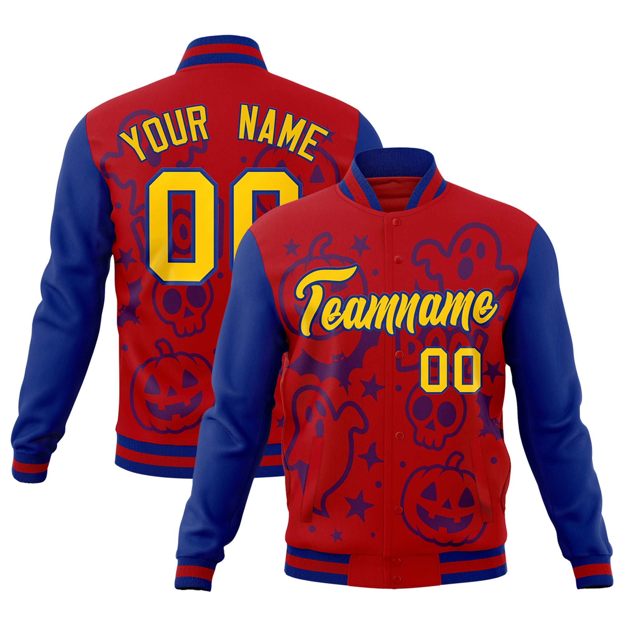 Custom Royal Red Royal Blue Bats Pumpkins Ghost Patterns Halloween Letterman Jacket| KXKSHOP