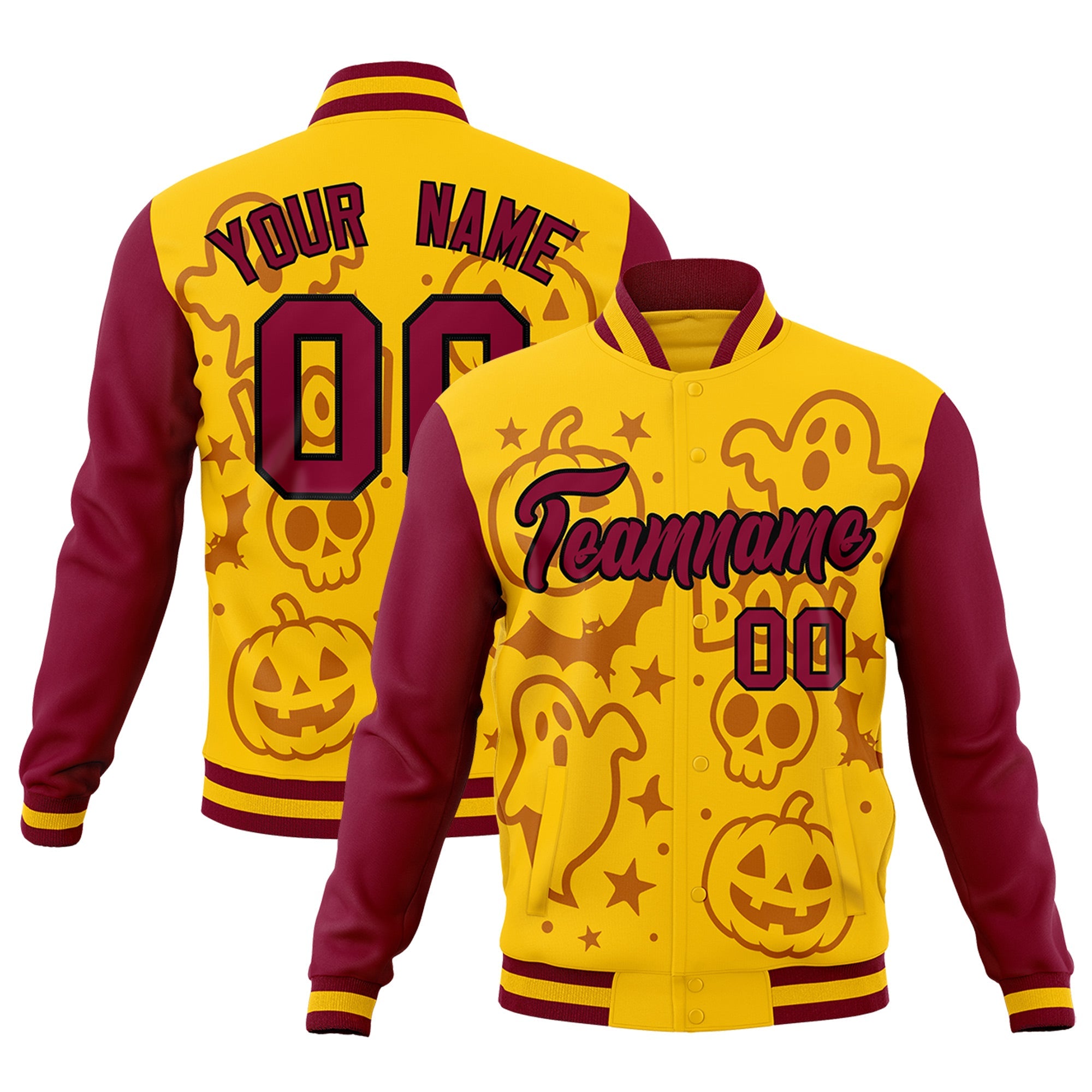 Custom Crimson Gold Yellow Bats Pumpkins Ghost Patterns Halloween Letterman Jacket| KXKSHOP