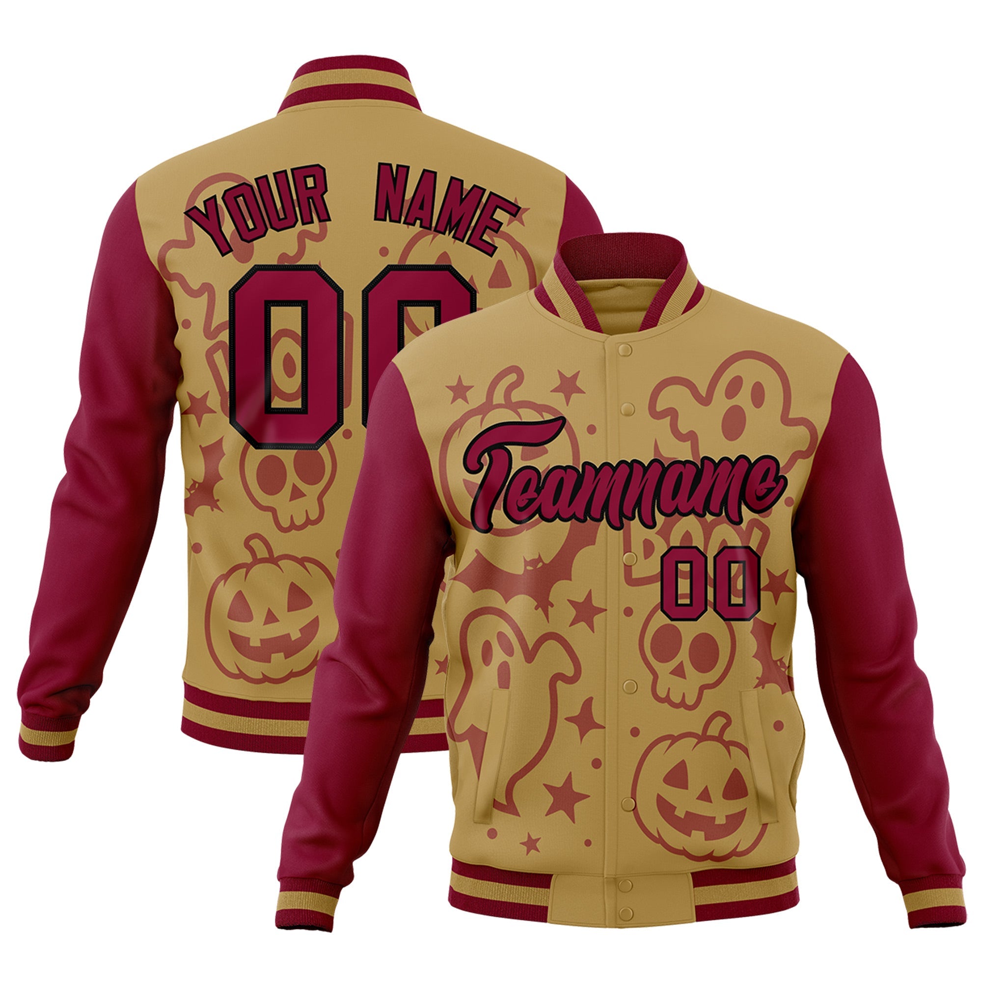 Custom Khaki Crimson Black Bats Pumpkins Ghost Patterns Halloween Letterman Jacket| KXKSHOP
