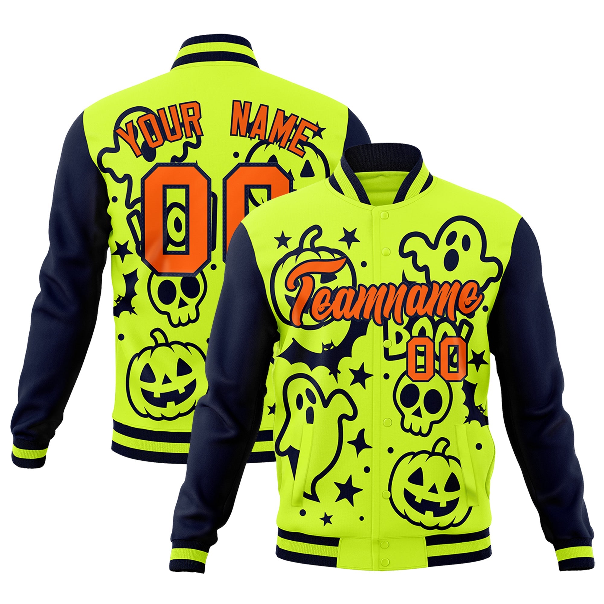 Custom Neon Green Navy Orange Bats Pumpkins Ghost Patterns Halloween Letterman Jacket| KXKSHOP
