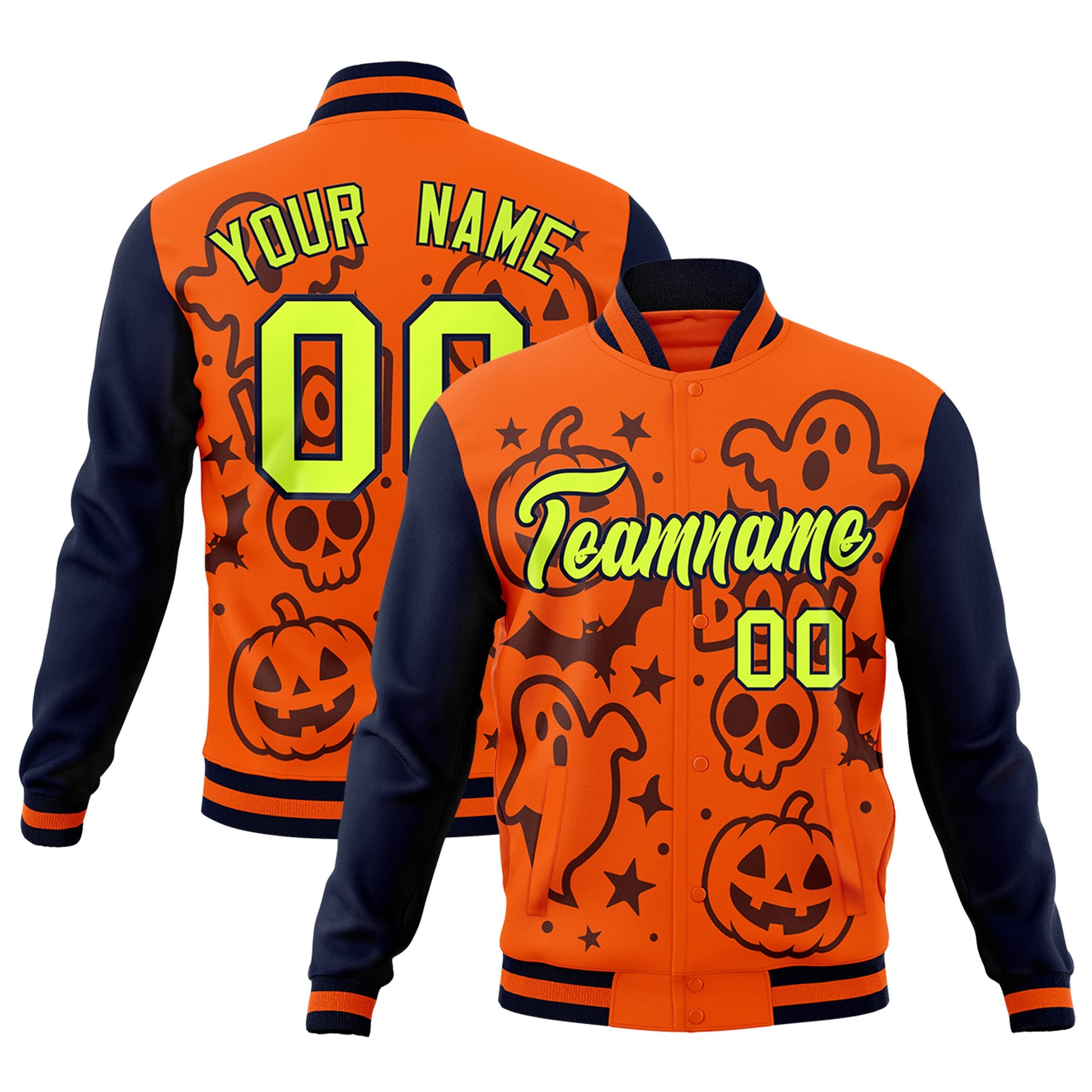 Custom Navy Orange Teal Bats Pumpkins Ghost Patterns Halloween Letterman Jacket| KXKSHOP