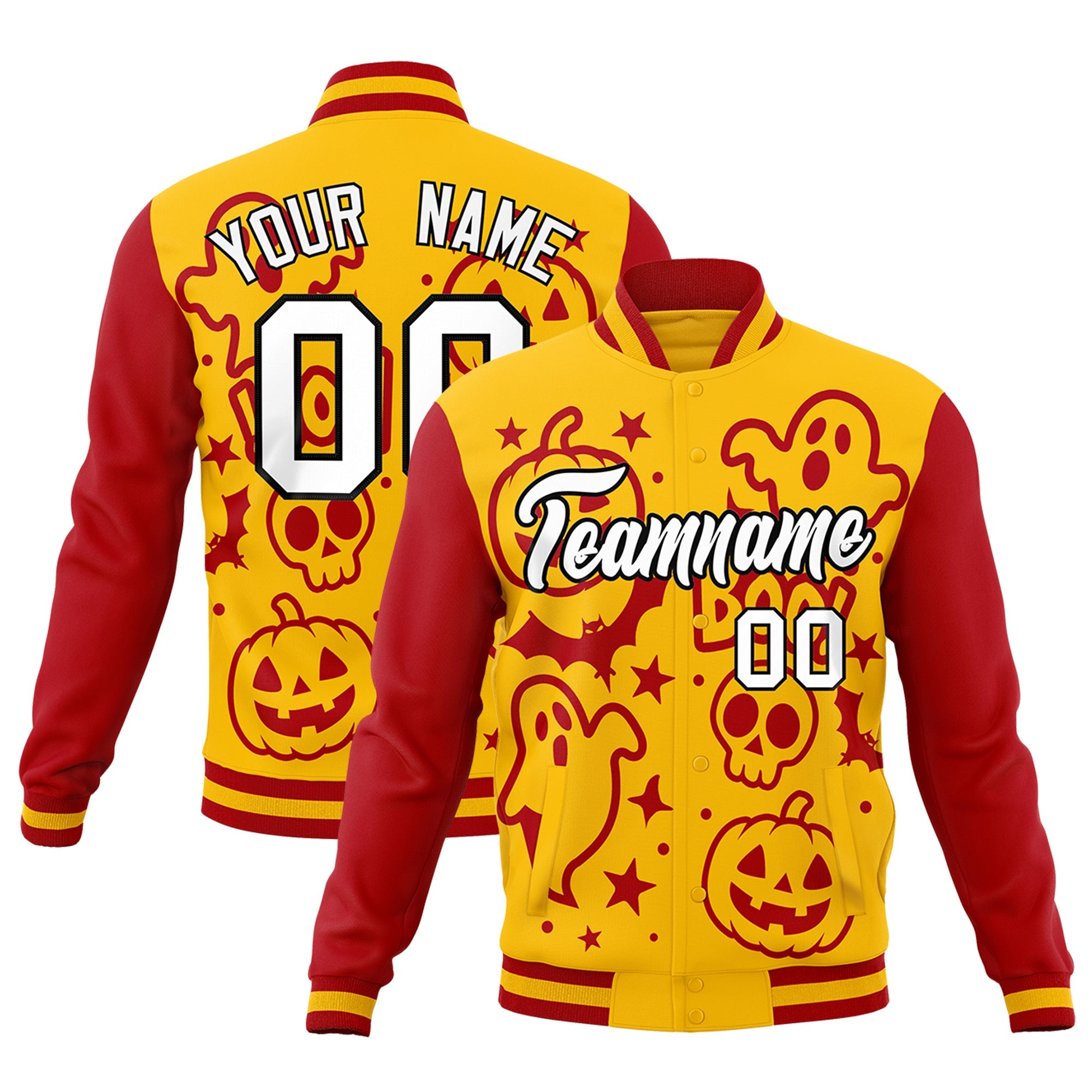 Custom Gold Red White Bats Pumpkins Ghost Patterns Halloween Letterman Jacket| KXKSHOP