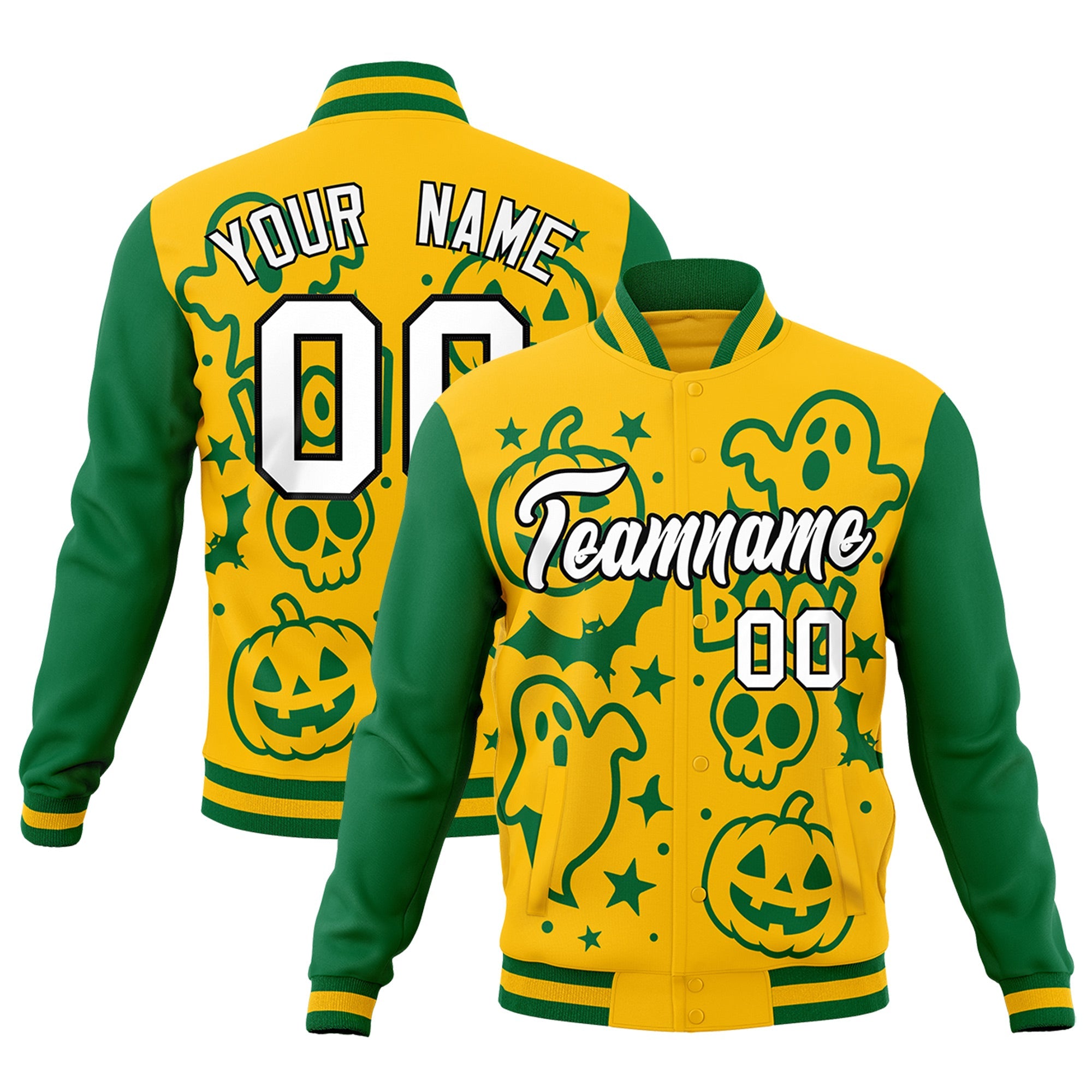 Custom Gold Kelly Green White Bats Pumpkins Ghost Patterns Halloween Letterman Jacket| KXKSHOP