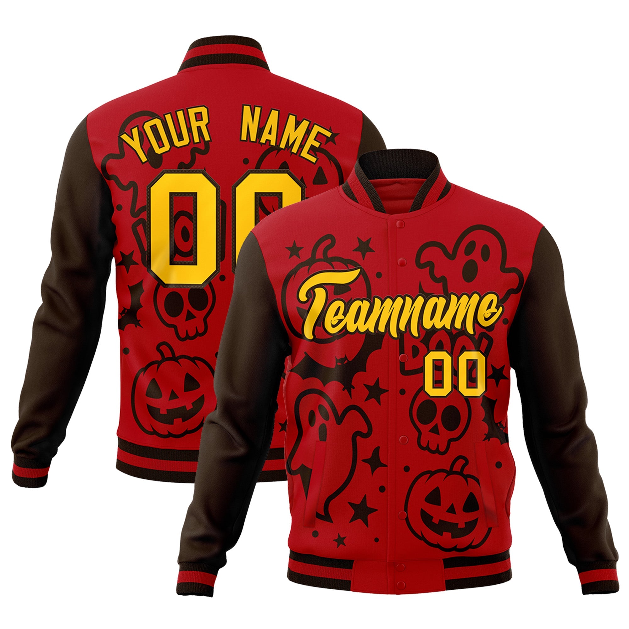 Custom Red Brown Gold Bats Pumpkins Ghost Patterns Halloween Letterman Jacket| KXKSHOP