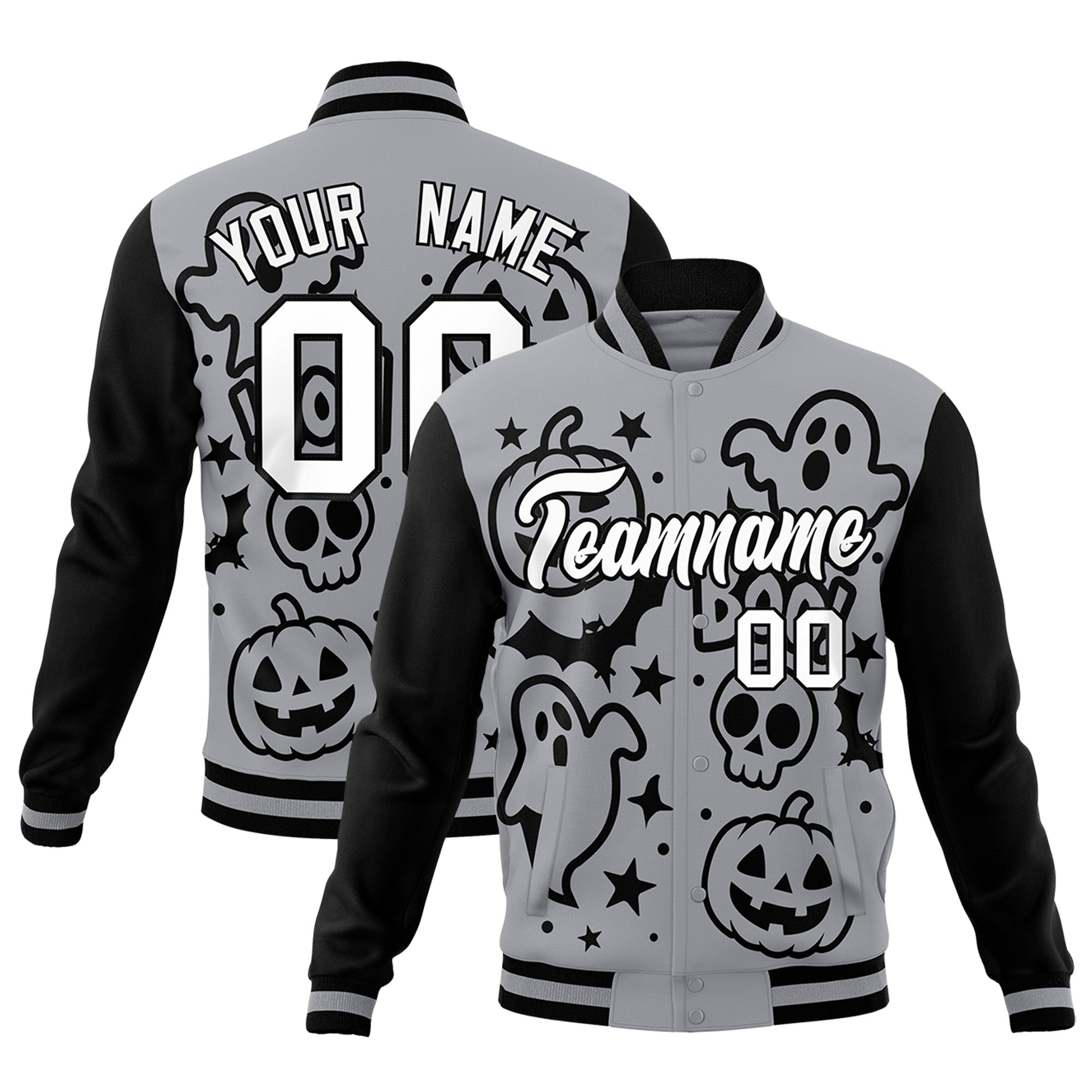 Custom Gray Black White Bats Pumpkins Ghost Patterns Halloween Letterman Jacket| KXKSHOP